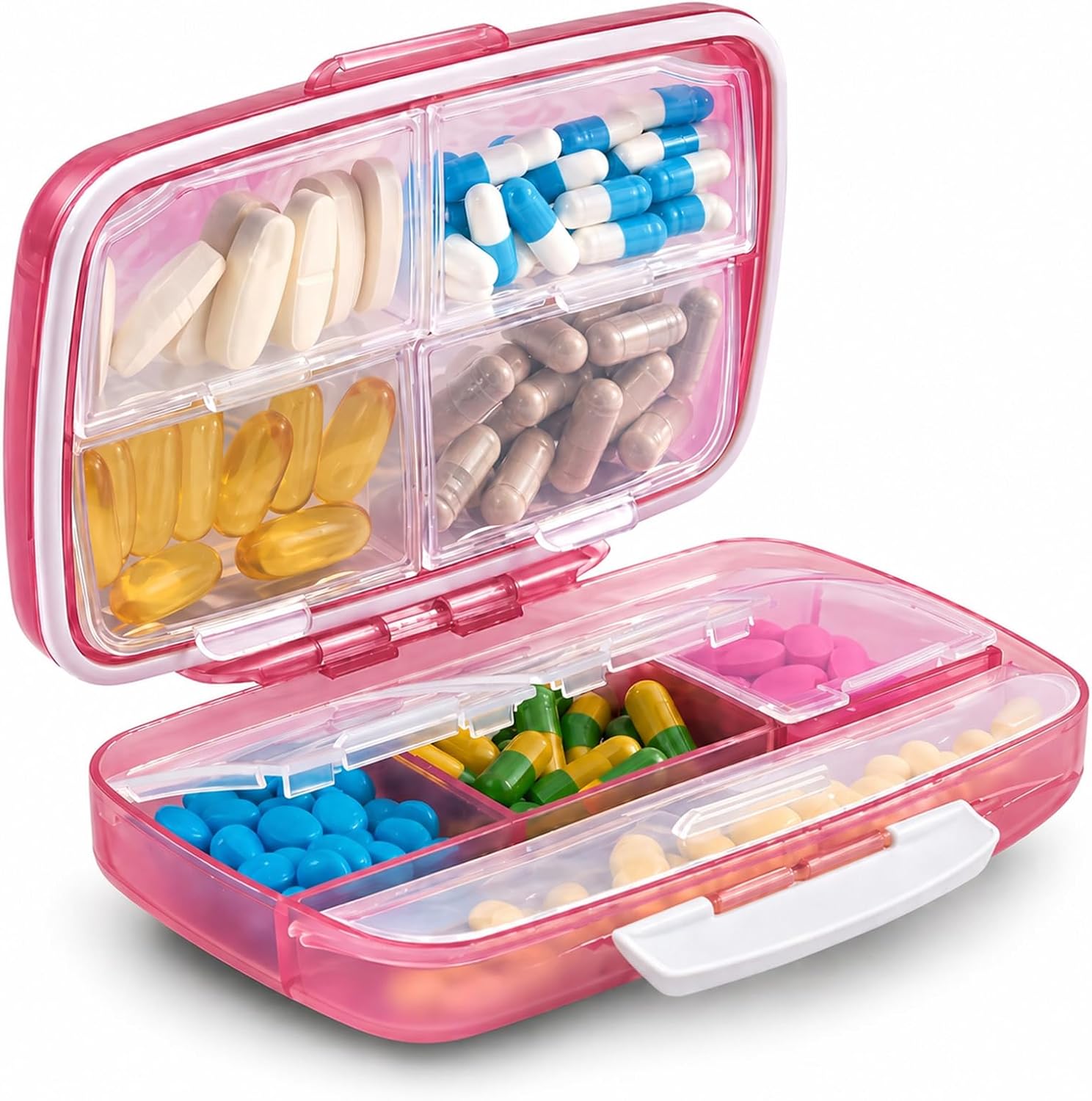 Fullicon Medicine Pill Organizer with Labels, 8 Large Compartments, Travel Pill Organizer for Purse, Double Lids, Easy Open BPA-Free Case, Fish Oil, Vitamins, Capsules, Daily, Work Bag (Pink White)