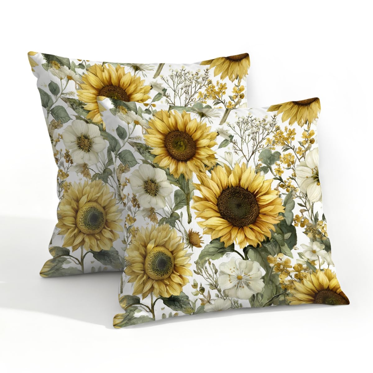 Outdoor Pillow Covers Waterproof Pillowcases 20x20in Set of 2 Retro Watercolor Sunflowers Floral Decorative Throw Cushion Case for Couch Sofa Garden Patio Furniture