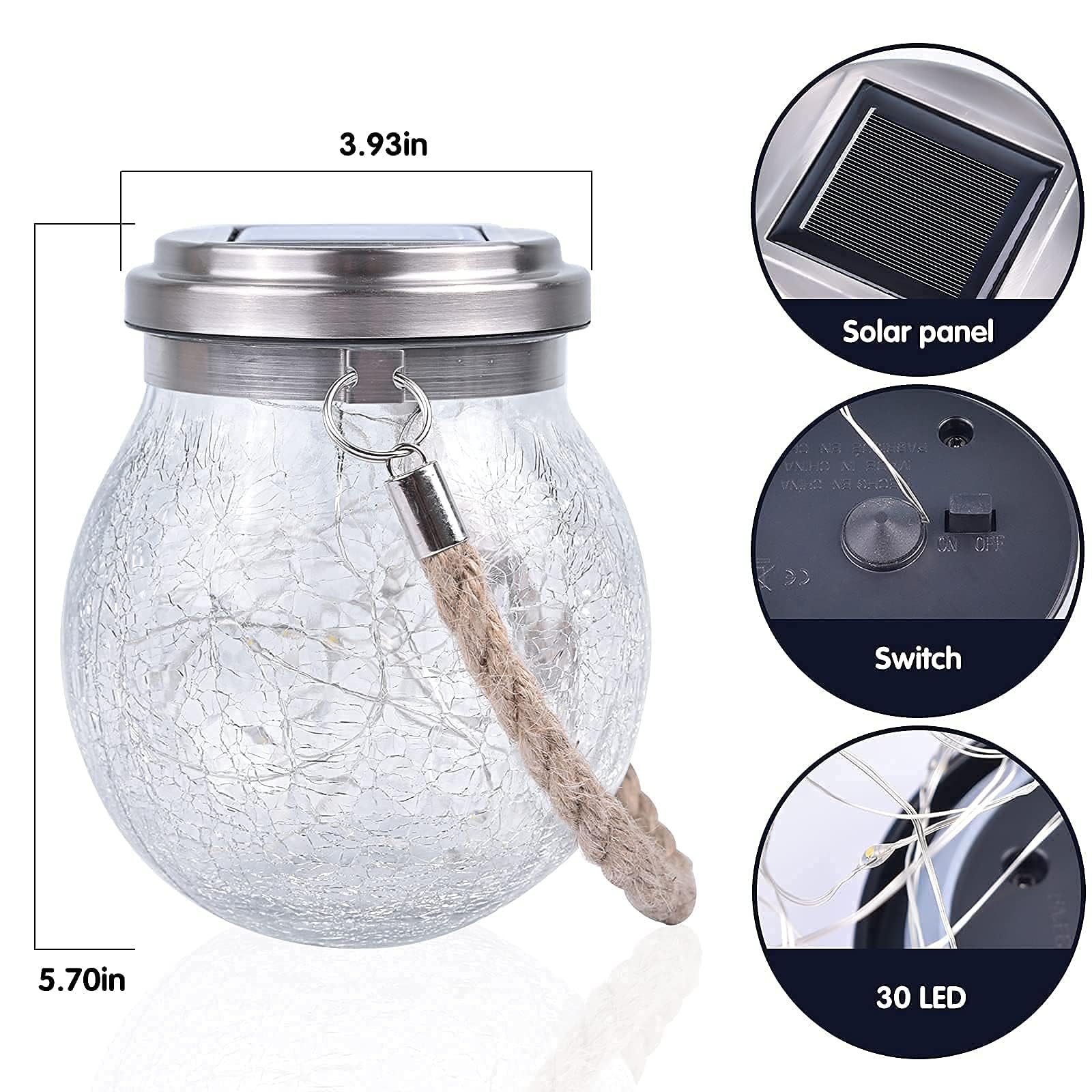 Lanterna solare a sfera in vetro craquelé, confezione da 2 luci solari da appendere per esterni, impermeabili, con 30 LED bianco caldo, decorazione per esterni, patio, cortile, prato, vialetto