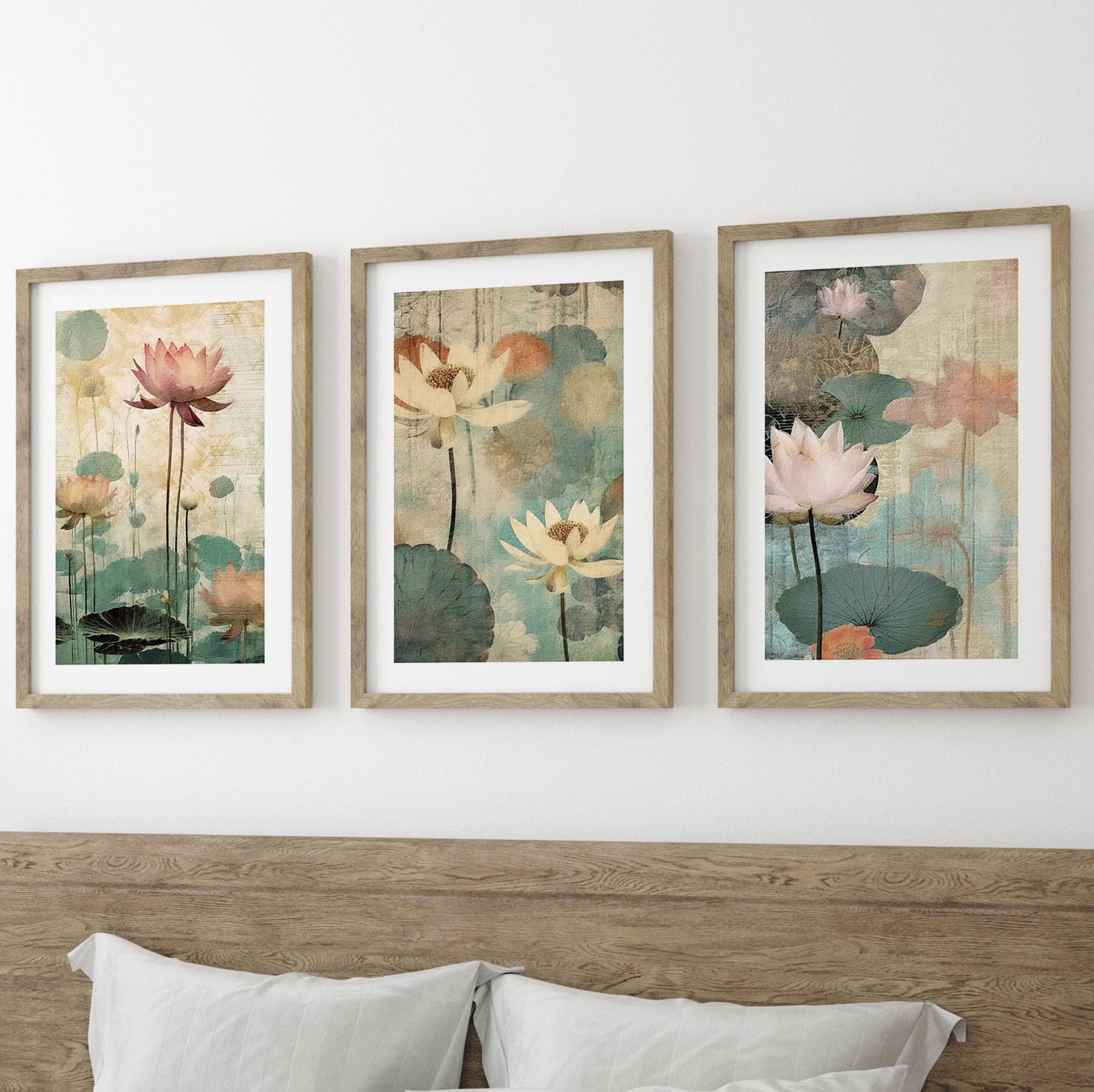Eviepops Prints Zen Lotus Flowers Wall Art Set of 3 Unframed Poster Prints, Botanical Plant Decor, Living Room Bedroom Bathroom Poster Home Decor, Digital Art, Calming Relaxing, Pink White Green (A4)