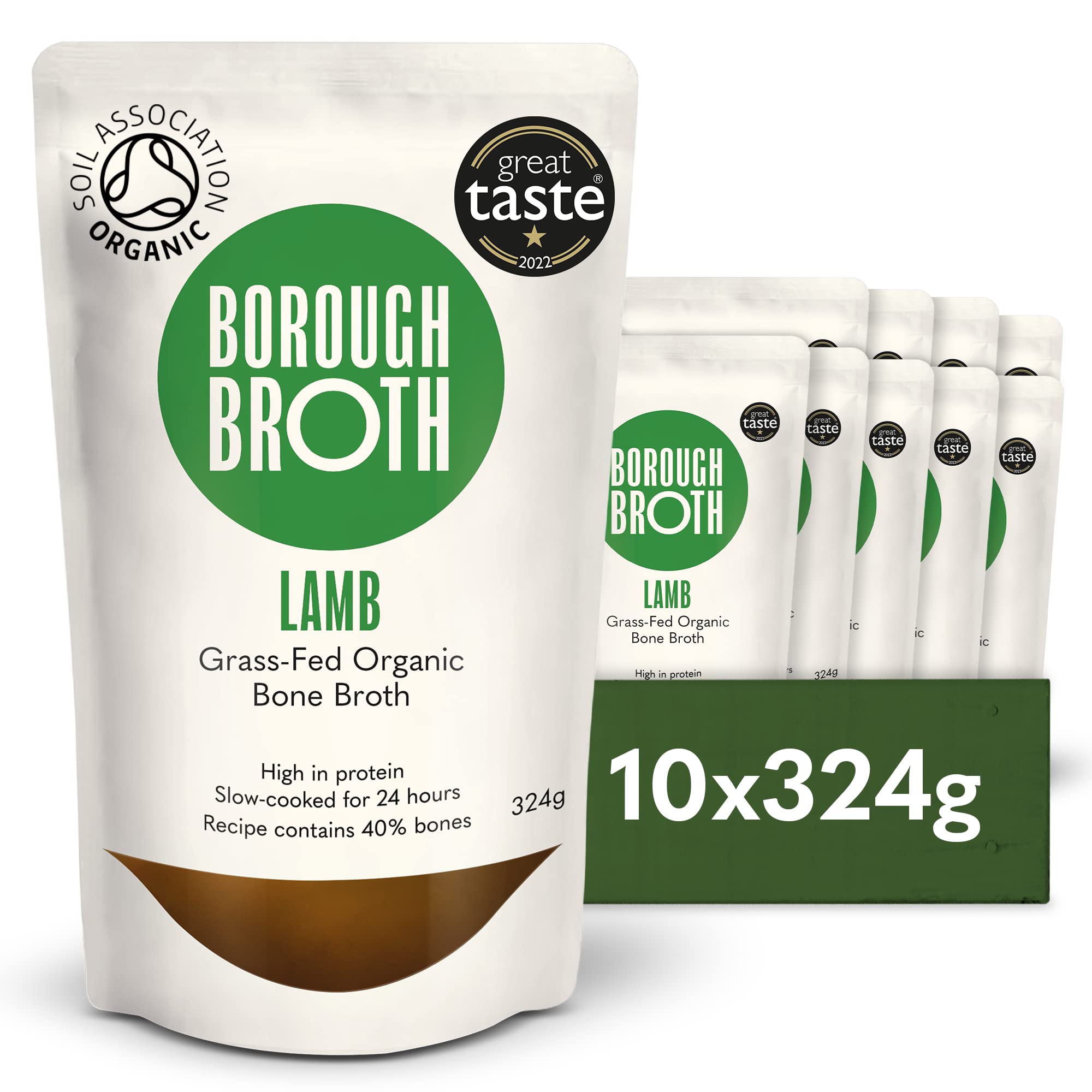 Organic Lamb Bone Broth by Borough Broth - Freshly Made with Grass-Fed Lamb & British Spring Water - High in Collagen & Protein - Low-Cal & Gluten Free - Delivered Chilled - 10 x 324g
