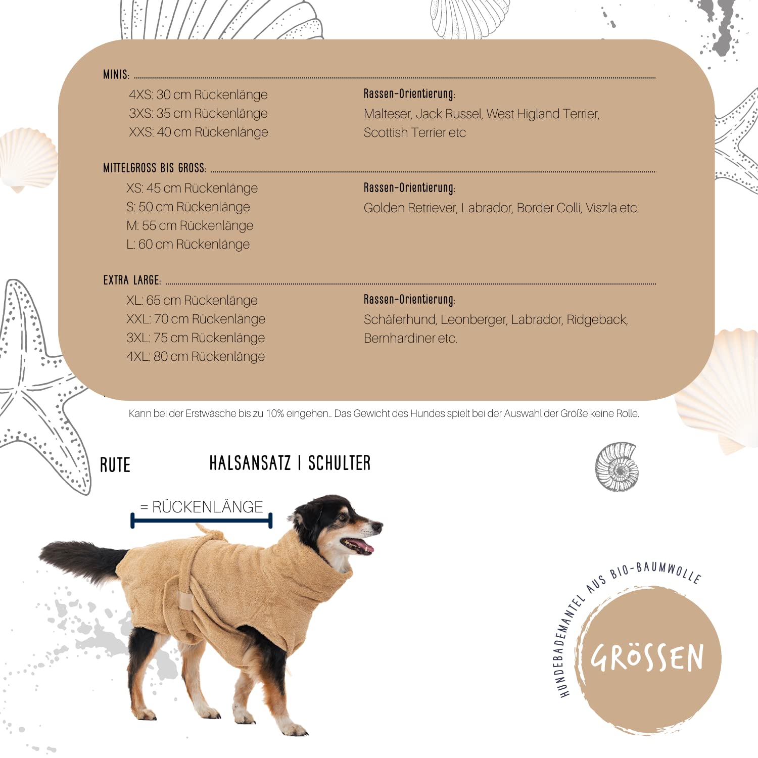 Lill's Hundebademantel, 100% Bio-Baumwolle, Organic, Sand (Beige/Creme) (XXS: 40 cm Rückenlänge)