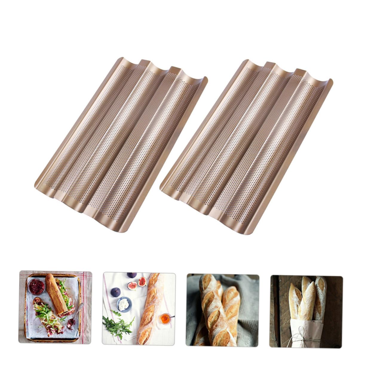 2 pièces Moule à Baguette Antiadhésif Acier Doré Plateau Perforé Rainures pour Cuisson Maison et Professionnelle