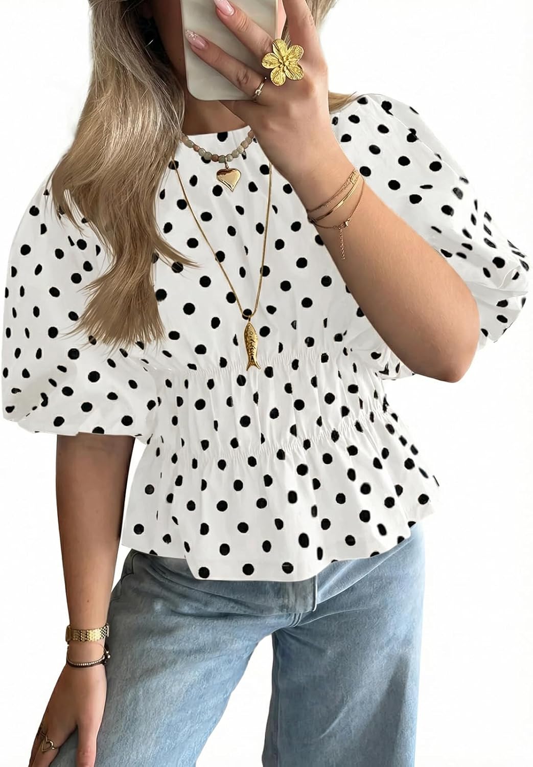 Cicy Bell Womens Polka Dots Peplum Tops Summer Puff Short Sleeve Round Neck Blouses Trendy Casual Shirts