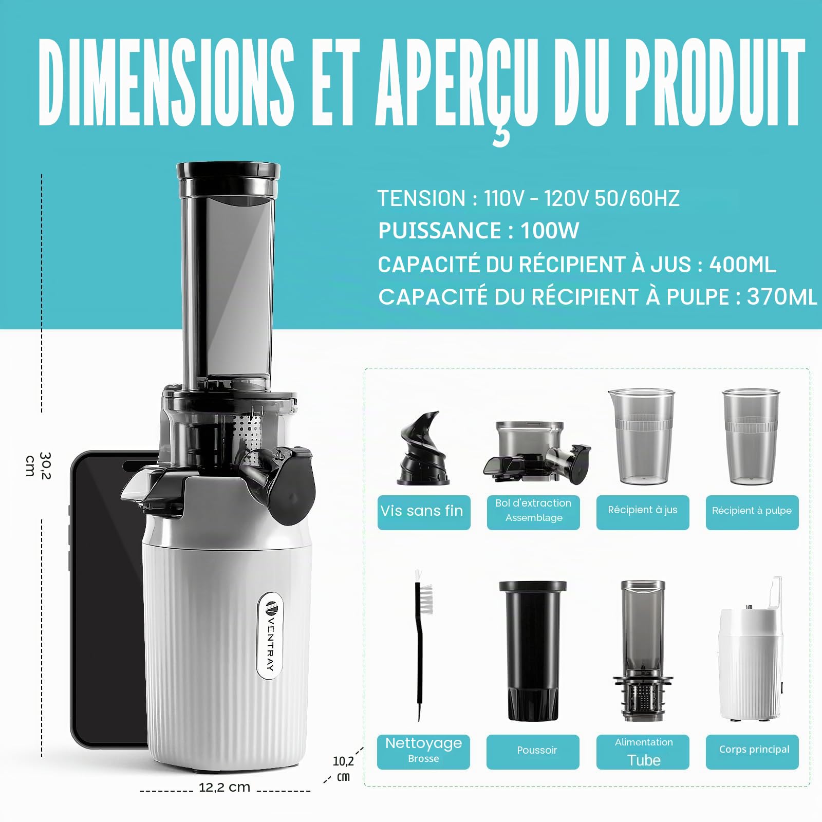 Ventray Ginnie Extracteur de Jus - Slow Juicer Pression Douce 60 Tours, Presse à froid, Sans BPA, Blanc