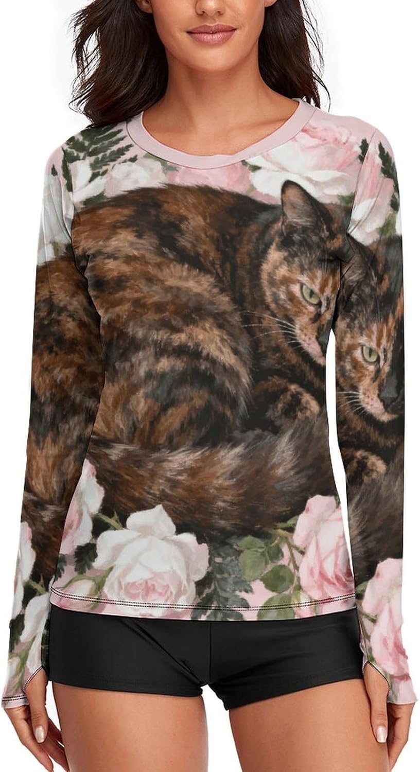 Tortoiseshell Cat in Roses Rash Guard for Women UPF 50+ UV Sun Protection | Long Sleeve Workout Top Quick Dry Athletic Hiking Shirt Moisture Wicking Swim Shirt for Running, Cycling, Swimming
