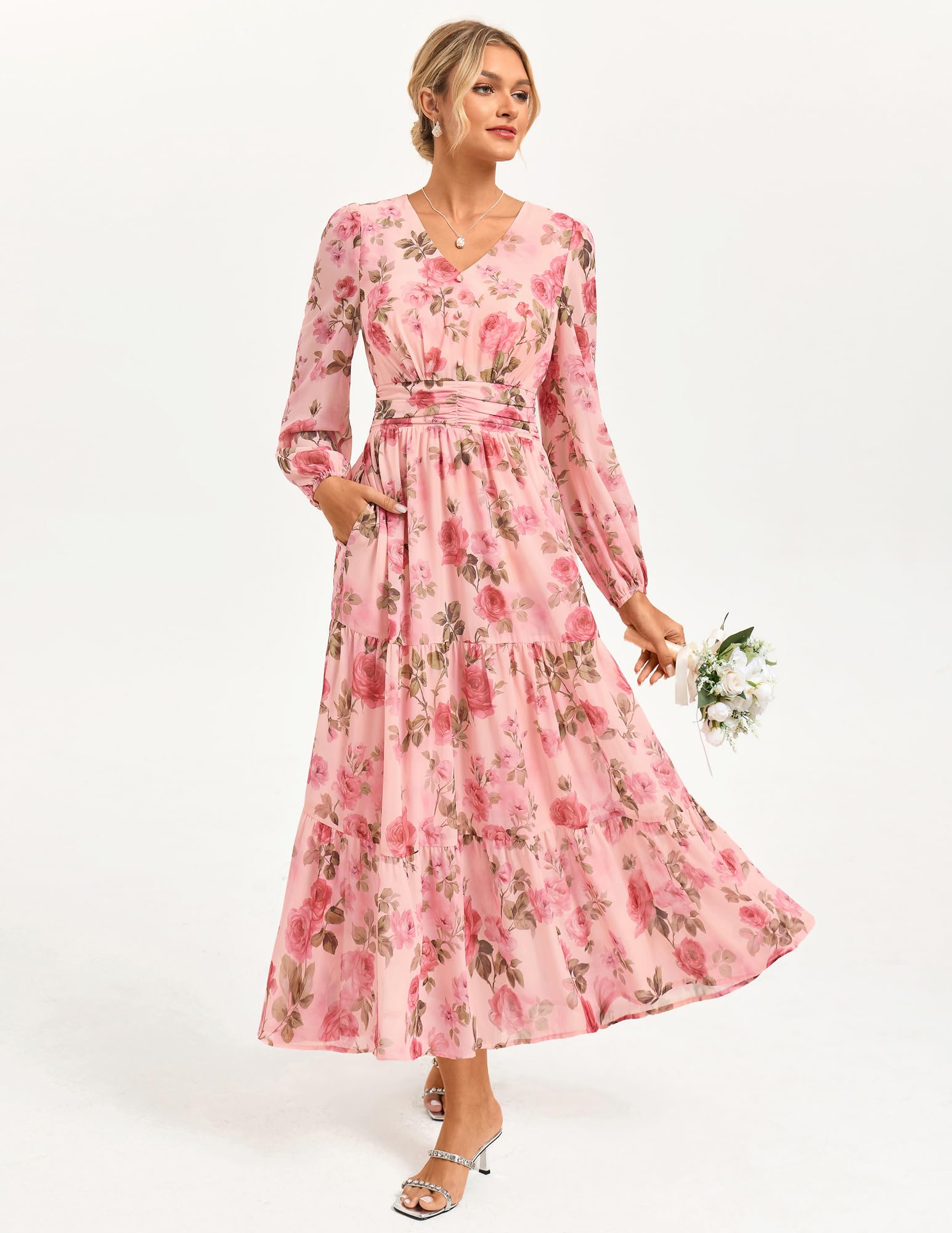 GRACE KARIN Damen Kleid V-Ausschnitt Langarm Hochzeitsgast Blumen Maxikleid | A-Linie Chiffon Kleid. Mit Reißverschluss & Taschen. Perfekt für Hochzeitsgast, Feste & Partys.