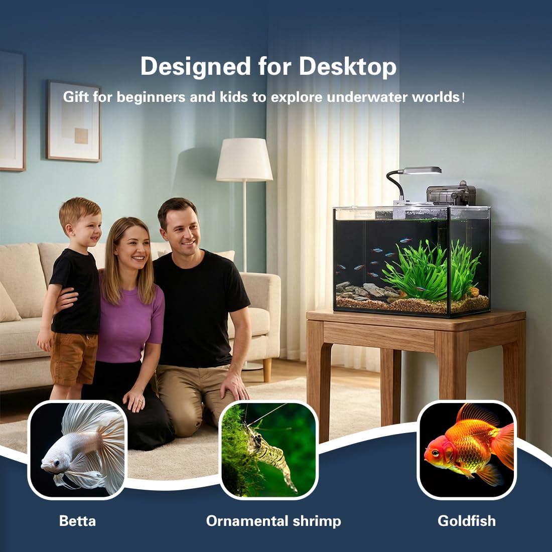 Betta - Tanque de peces, kit de iniciación de acuario, kit de pecera de 2.8 galones, acuario pequeño, acuario pequeño, nano acuario ultra transparente con luz, filtro, adoquines, arena y plantas