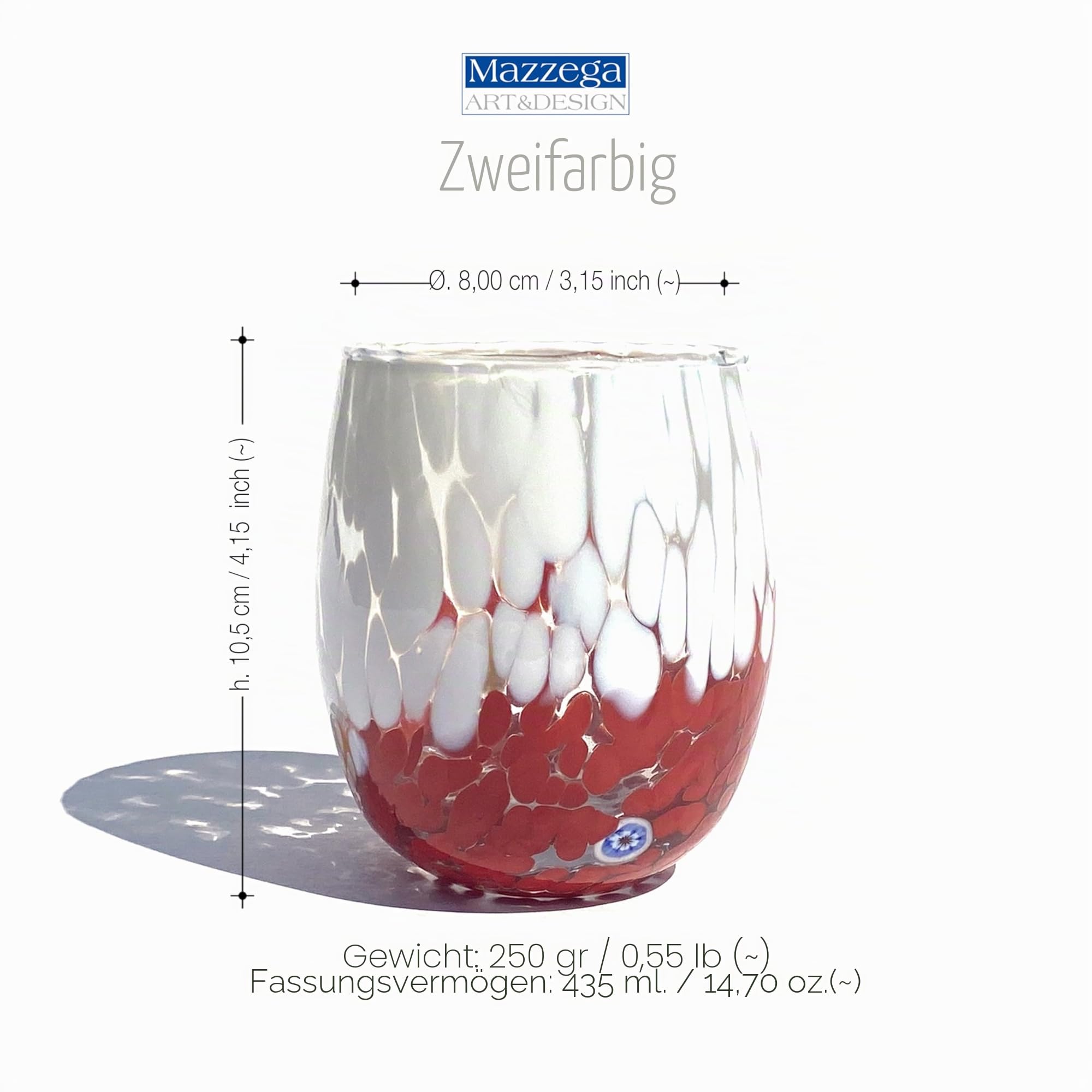 MAZZEGA ART & DESIGN 6 Wassergläser Bicolor aus handgefertigtem und handgearbeitetem Muranoglas mit Murrine-Muster - Die Farben von Murano - Bicolor 435ml.