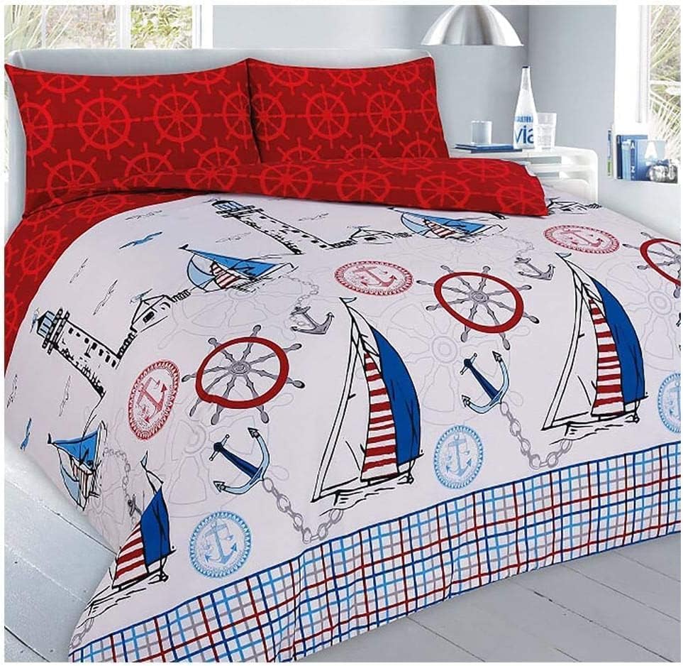 HOMES-LINEN Jake Sailor Coastal Ship Duvet Cover Set – Nautical Reversible Quilt Cover Bedding Set – Soft & Breathable – Lightweight & Durable (Red, Double)