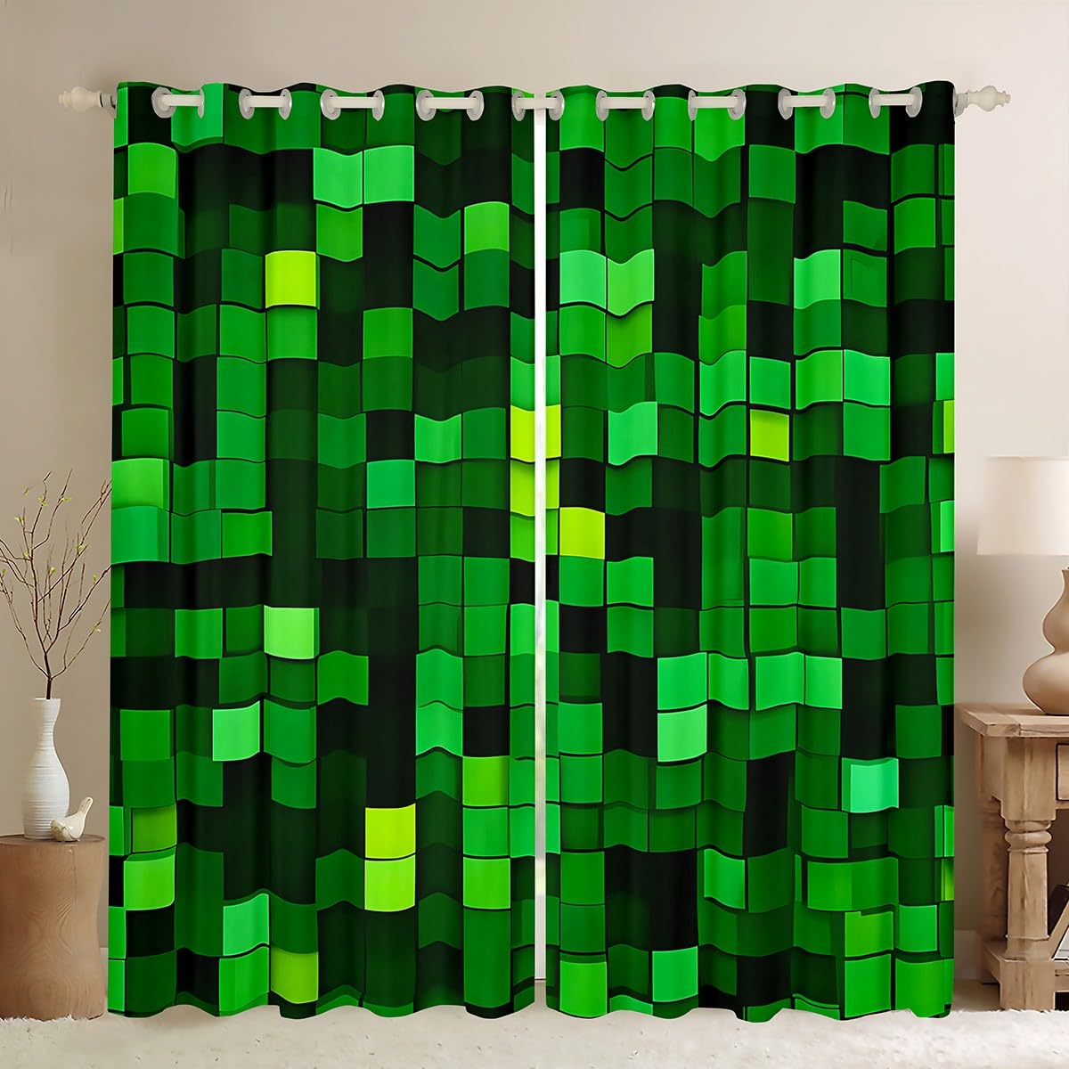 Manfei Pixelated Blocks Miners Rideaux occultants pour fenêtre de jeux vidéo Motif géométrique Patchwork Chambre à coucher Salle de jeux Vert 2 panneaux 117 x 137 cm