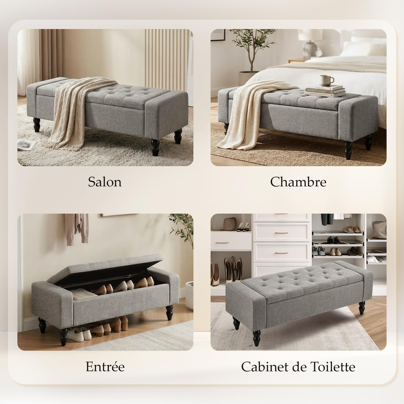 Hellove Ottoman de Rangement avec Coussin – Banc de Rangement pour Salon, Entrée, Chambre – Grand Espace de Stockage, Banc Coffre Assise Confortable, Mousse Épaisse & Structure Robuste, Gris