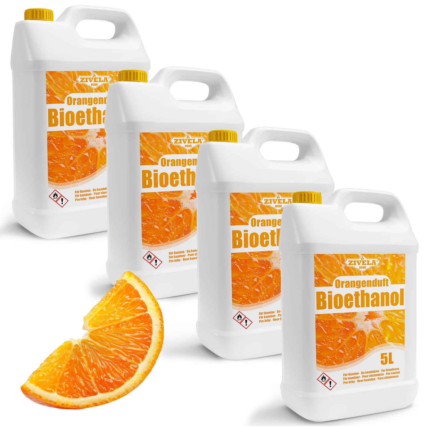 Bioetanolo 96,6% 20 l, profumo di arancio biologico 96,6% 4 x 5 l, bioetanolo per camino, caminetto, camino a bioetanolo, profumo di arancia, combustione pulita, senza fumo, fiamma vivida e stabile
