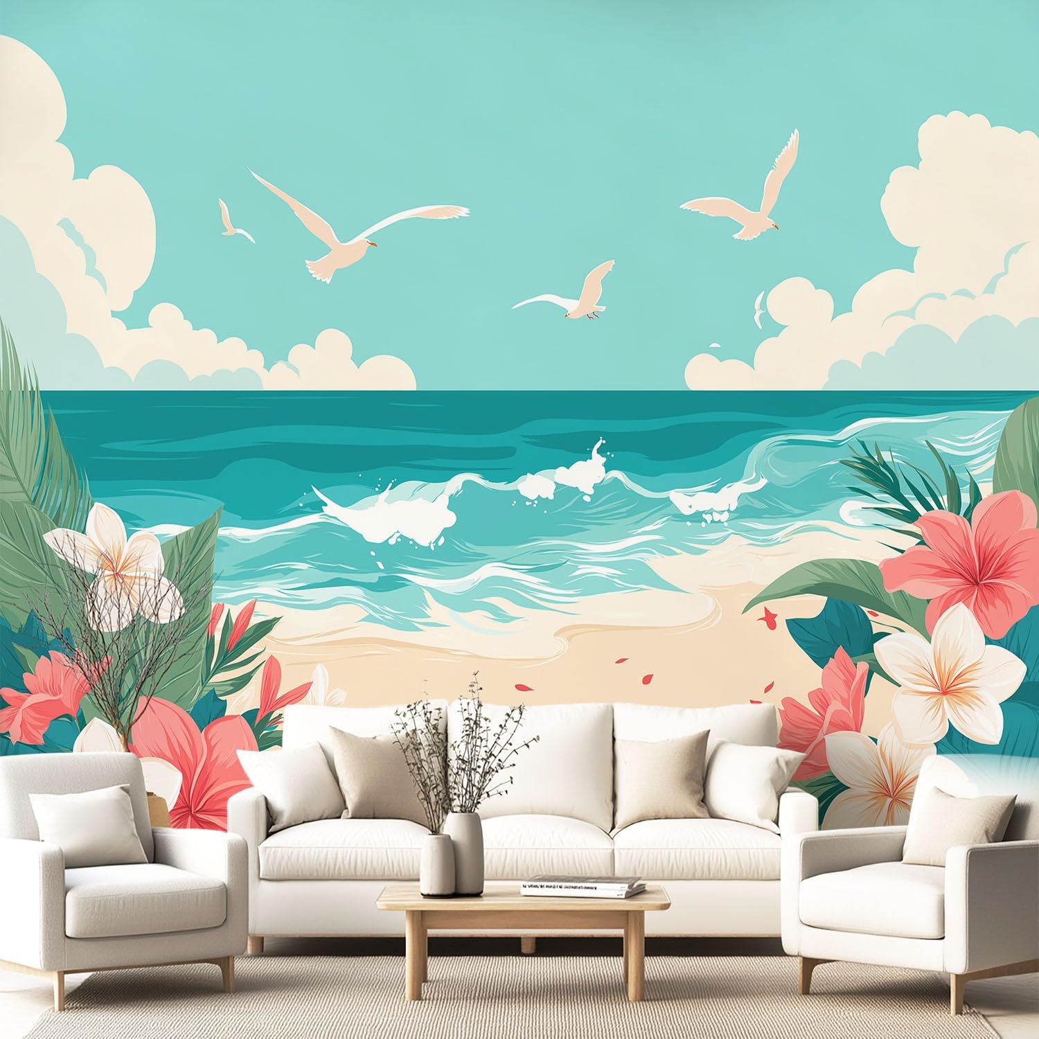 Papier peint panoramique plage et mouettes pour salon lumineux 450x315 cm