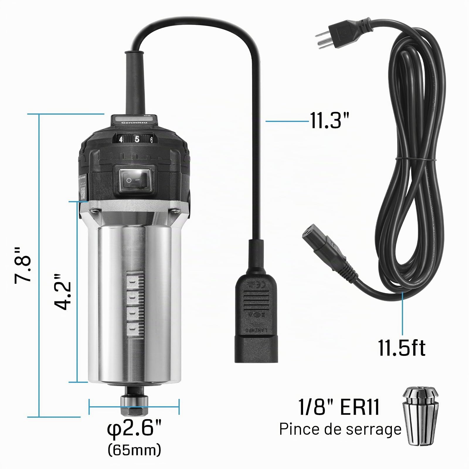 Genmitsu Routeur compact CNC 710 W de 65 mm de diamètre, moteur de broche avec écran numérique LCD, 6 vitesses réglables, pince ER11 de 0,3 cm, 4 balais de carbone, pour fraiseuse CNC