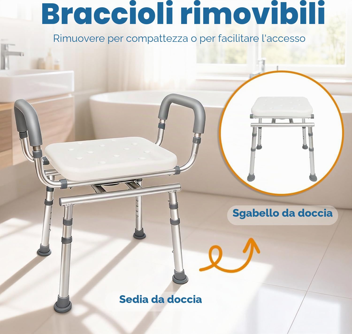 Agrish Sedia da Doccia Girevole a 360° con Braccioli Rimovibili | Altezza regolabile e struttura robusta fino a 159 kg; ideale per anziani e disabili, adatta a doccia e vasca