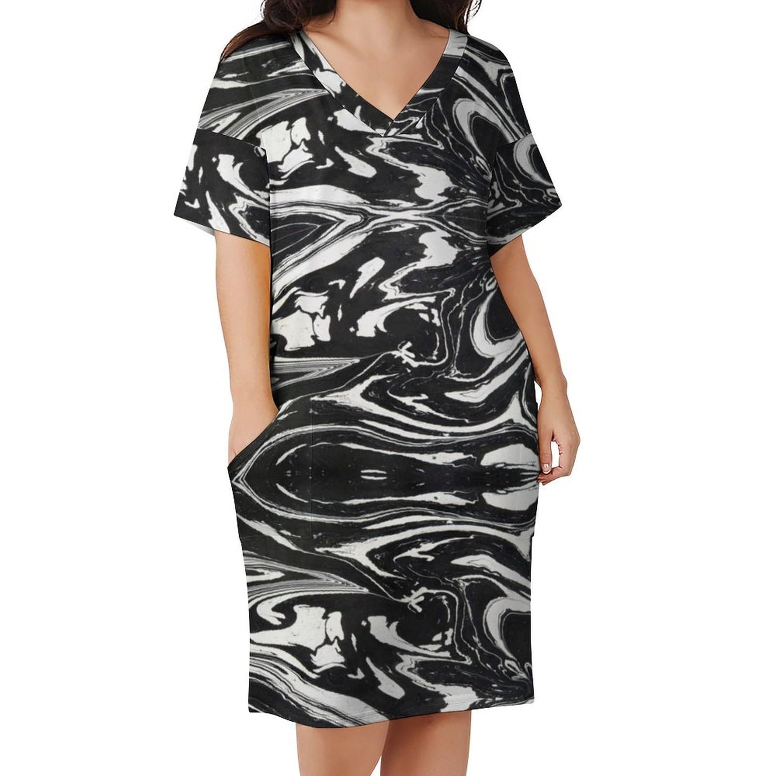 Vestido con Bolsillo de Mujer de Verano Cómodo Transpirable, Vestido de Manga Corta de Playa con Estampado Jaspeado, Vestidos Largos Talla Grande Cuello V Suelto
