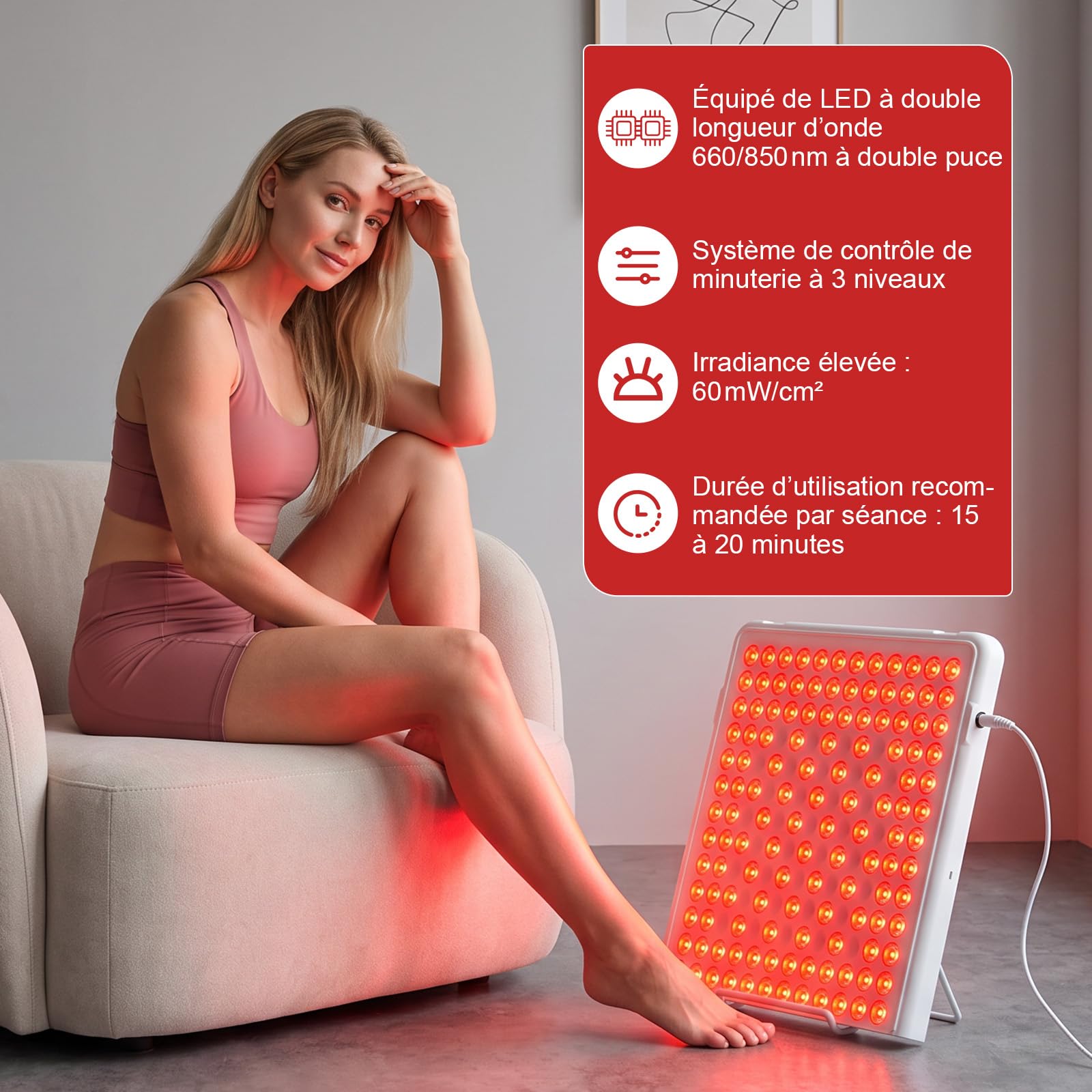 Lampe Rouge In-frarouge 660nm & 850nm, Panneau Visage & Corps | Lampe in-frarouge à 169 LEDs avec support et minuteur, idéale pour relaxation musculaire et soin de la peau