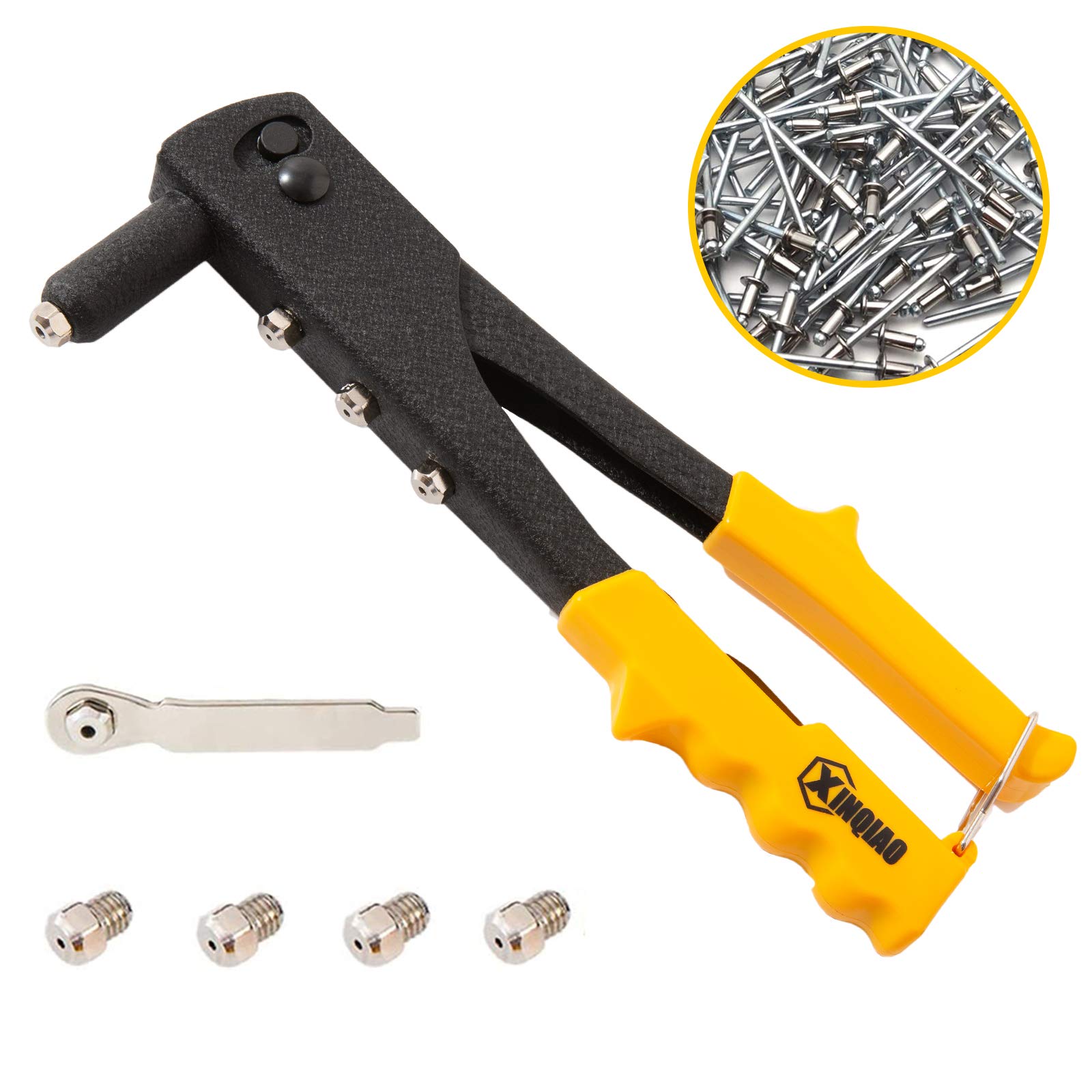 Rivet Gun Kit with 200 Pcs Rivets, Hand Riveter Set for Metal with 4 Tool-Free Interchangeable Heads