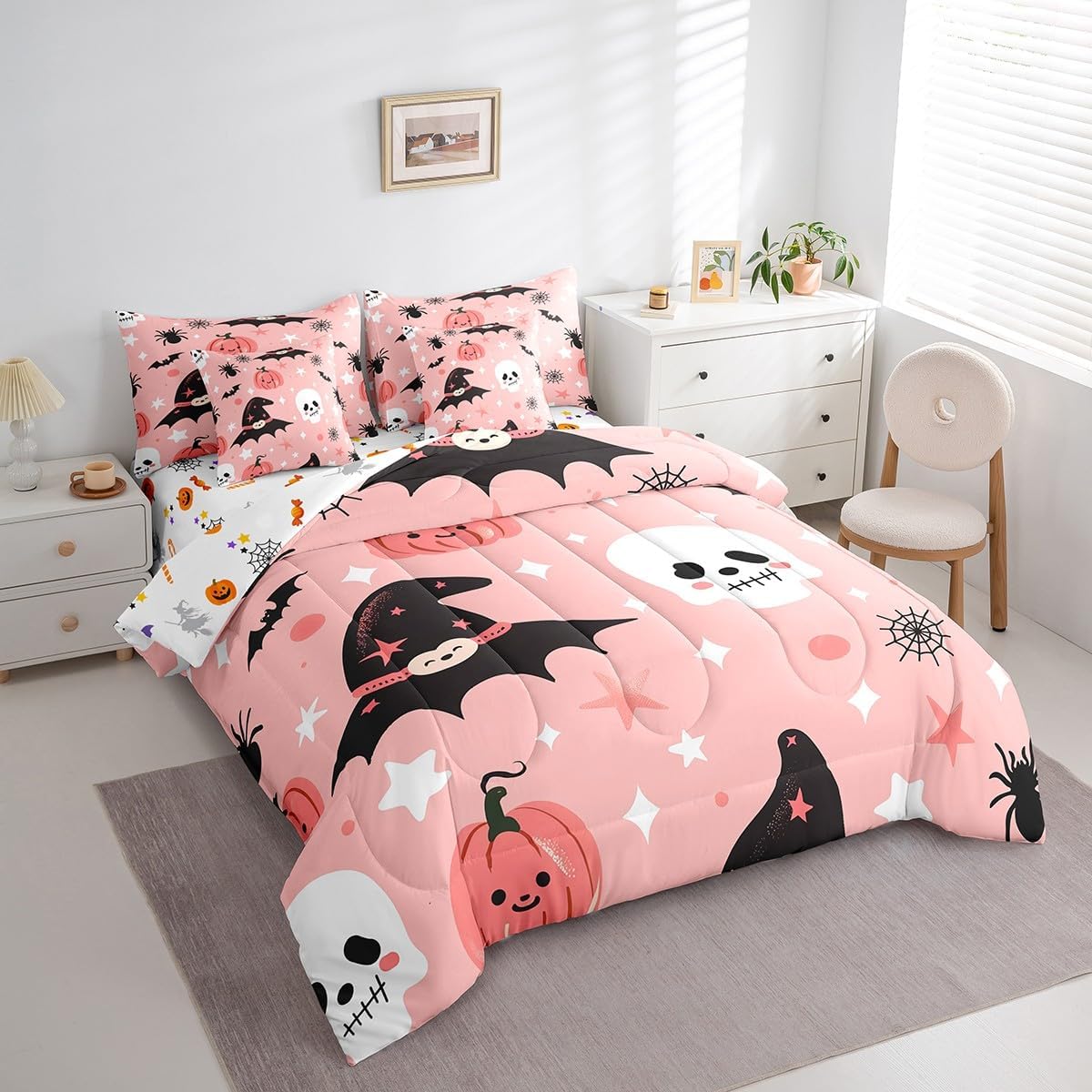 Erosebridal Queen Comforter Set 7 Pieces - Pink Halloween Reversible Bed in a Bag, Pumpkin Skull Bedding With Bat Spider, Flat Sheet, Fitted Sheet, Pillowcases, Pillow Shams