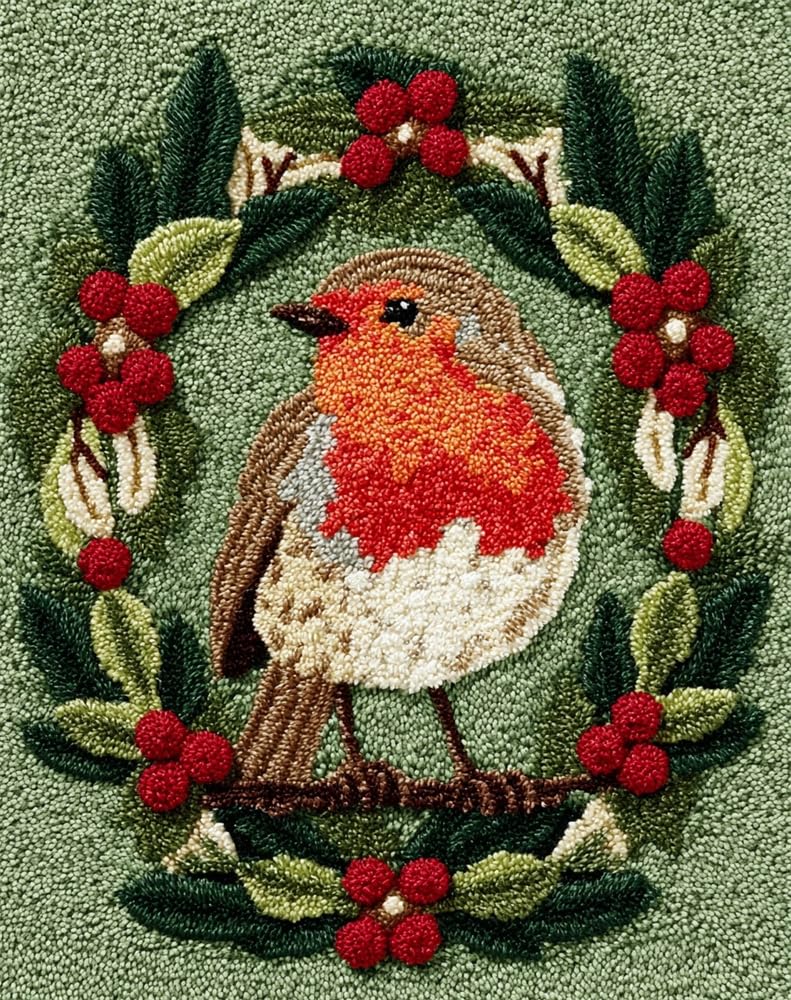 FWRTYCB DIY Latch Hook Rug Kit Christmas Robin Bird Wreath