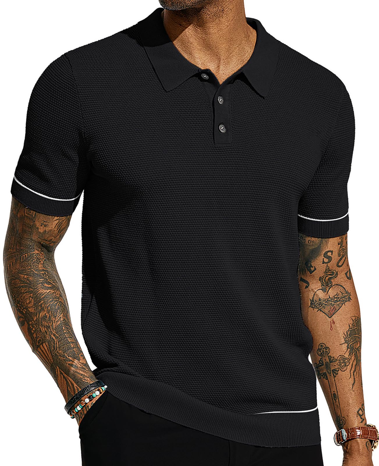 PJ PAUL JONESMens Knit Polo Shirt Short Sleeve Textured Knitted Polo Shirts for Summer Black L