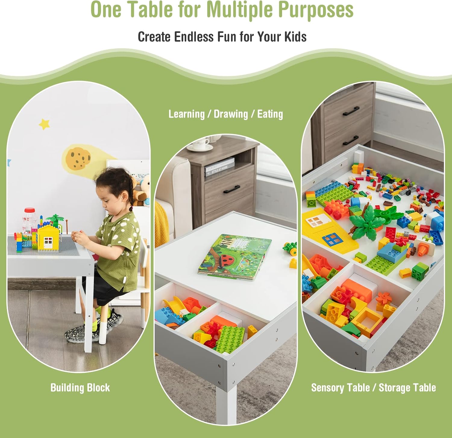 HONEY JOY Kids Table, 3 in 1 Toddler Wooden Activity Table, Convertible Building Block Tabletop, 3 Storage Compartments, Children Furniture Set for Daycare, Playroom (White)