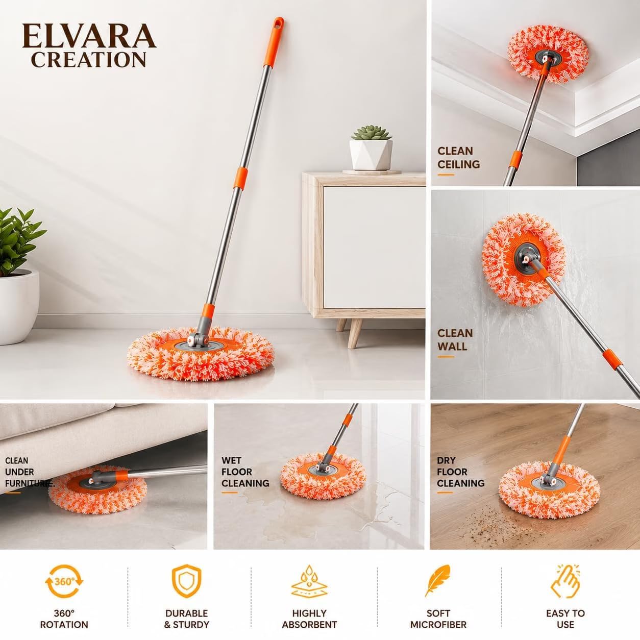 360 Rotating Microfiber Mop - Clean Floors, Walls & Ceilings -6 360 Rotating Microfiber Mop - Clean Floors, Walls & Ceilings -6