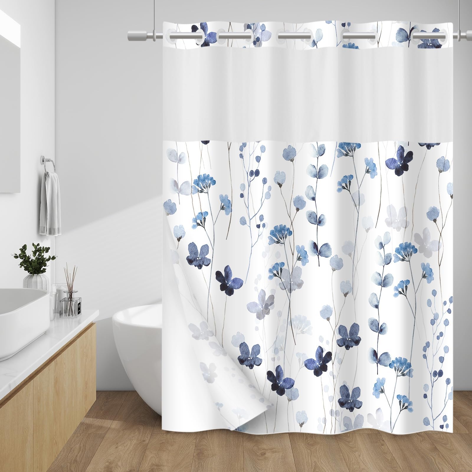 WITHLOC No Hook Shower Curtain with Snap in Liner, Removable Liner Water Repellent, Easy Install & Machine Washable, Hotel Style Bathroom Watercolor Floral Curtain, Blue White, 71" W x 74" L
