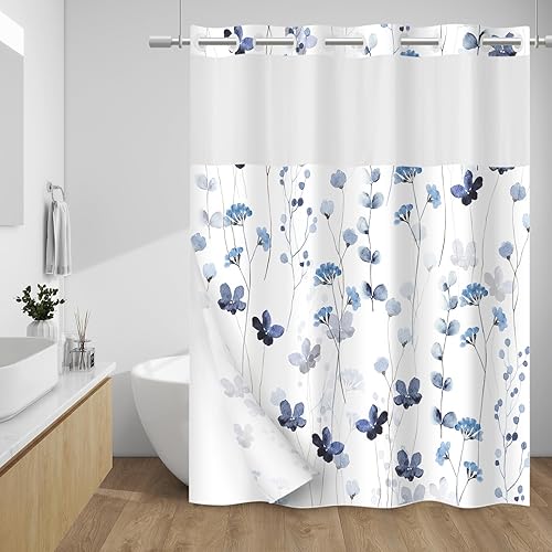 Cortina de ducha sin gancho con forro a presión, forro impermeable de tela, cortinas de ducha modernas con flores de acuarela azul, lavable a
