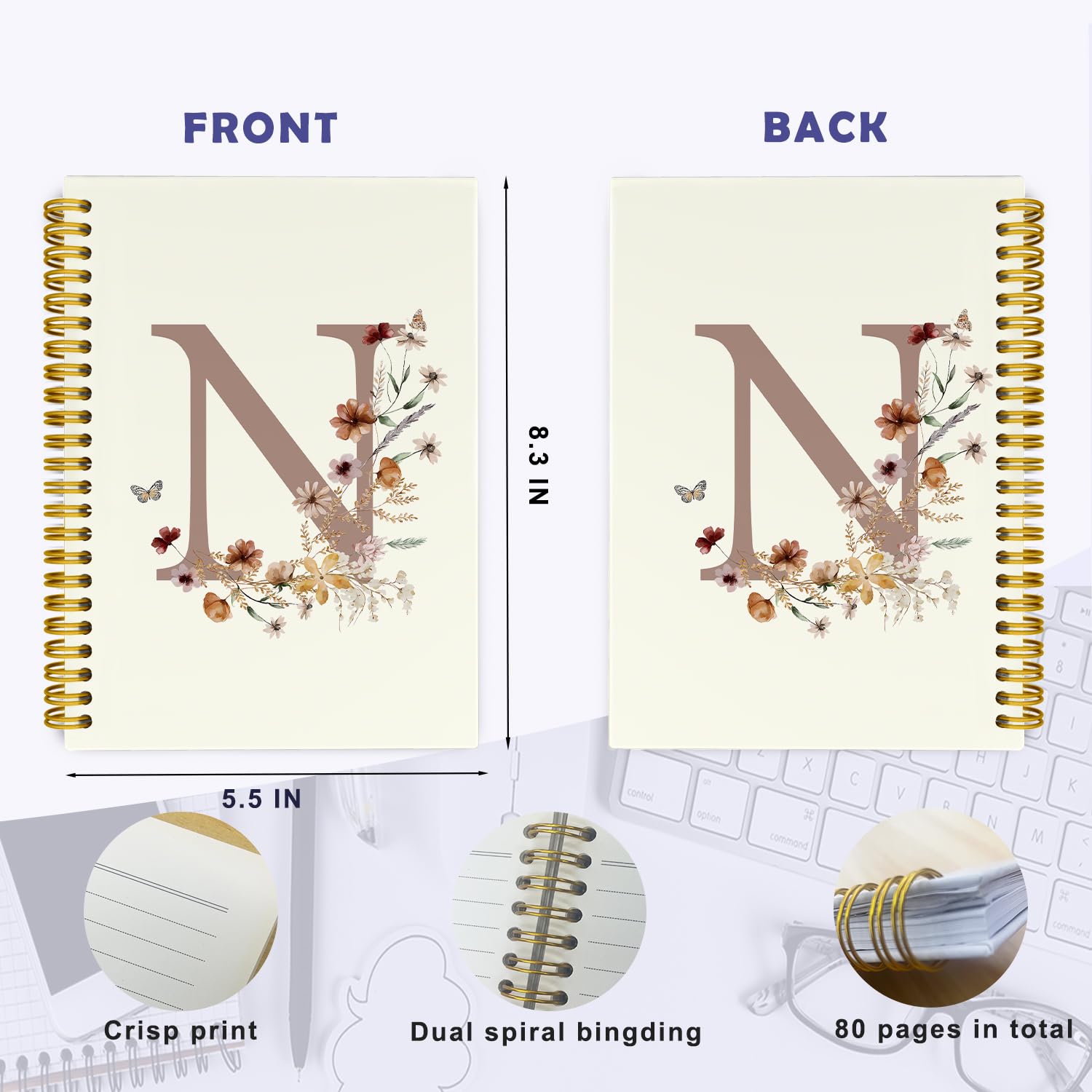 THDSE Cuadernos personalizados con letra N inicial, cuaderno de espiral con monograma floral retro, cuaderno vintage de tapa dura para la escuela, cuadernos universitarios rayados de 5.5 x 8.3