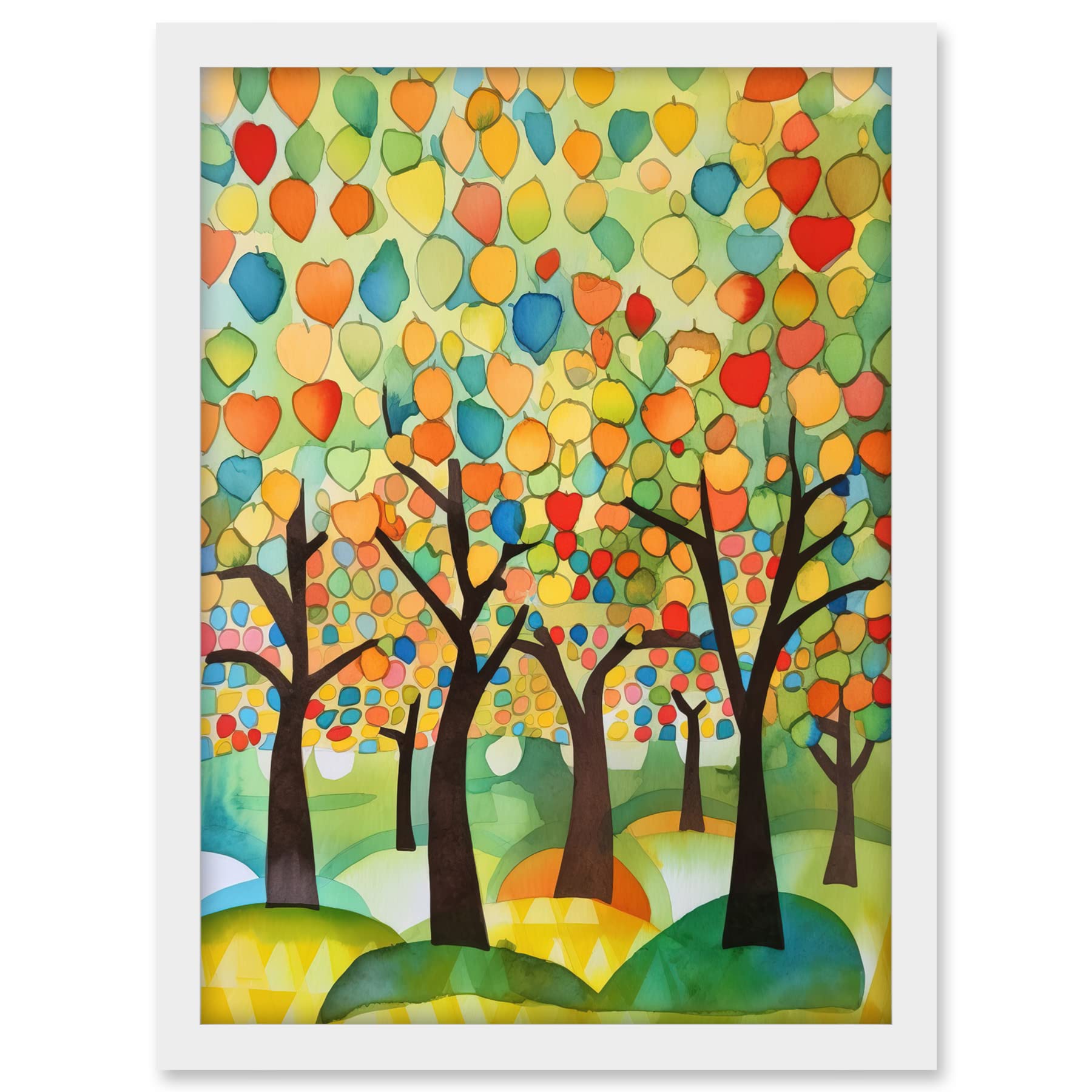 Artery8 Apple Tree Orchard Abstract Folk Art Landscape Watercolour Painting Artwork Framed A3 Wall Art Print