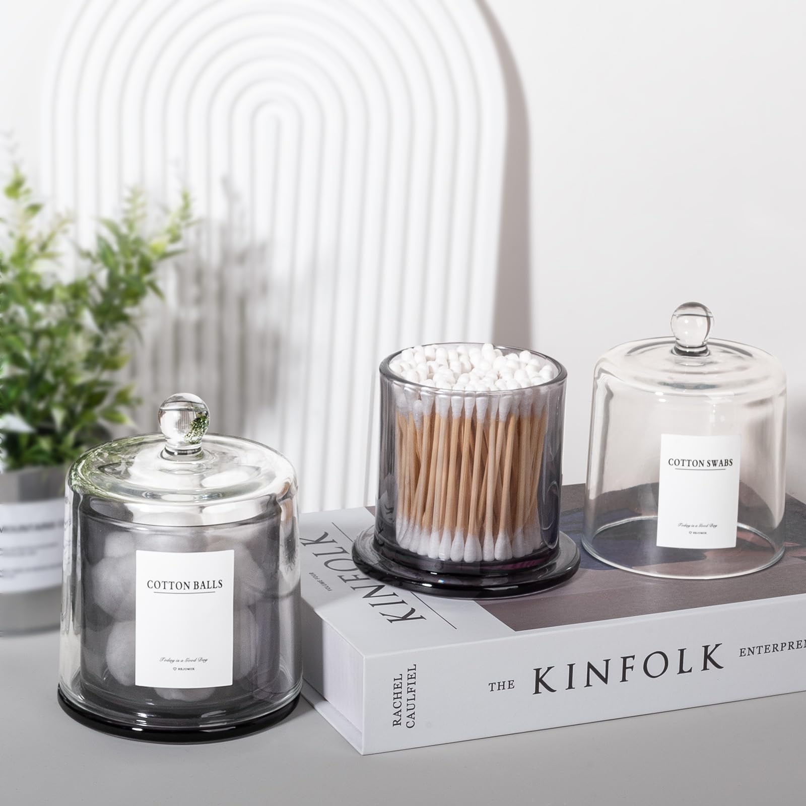 Pot à Tige Coton Lot De 2 Pots D'apothicaire En Plastique Transparent Avec Pot De Coton Tige