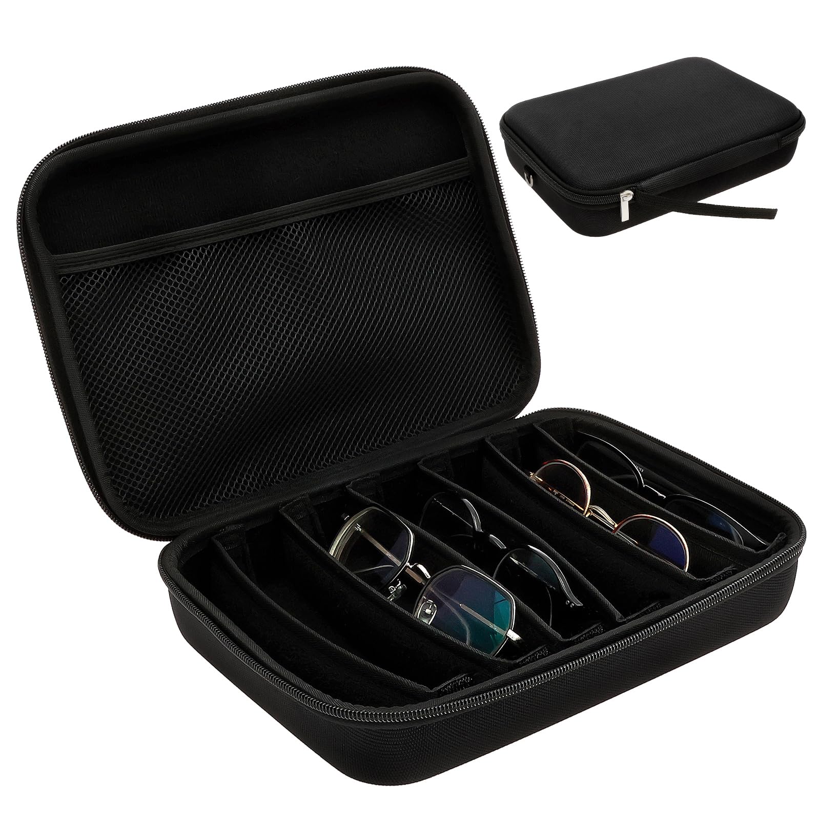 Travel Sunglasses Case, Hard Shell Travel Sunglasses Organizer, Multiple Pairs Adjustable Slot Eyeglasses Storage Box with Zipper, Portable for Eyeglasses Case Holder for Men Women