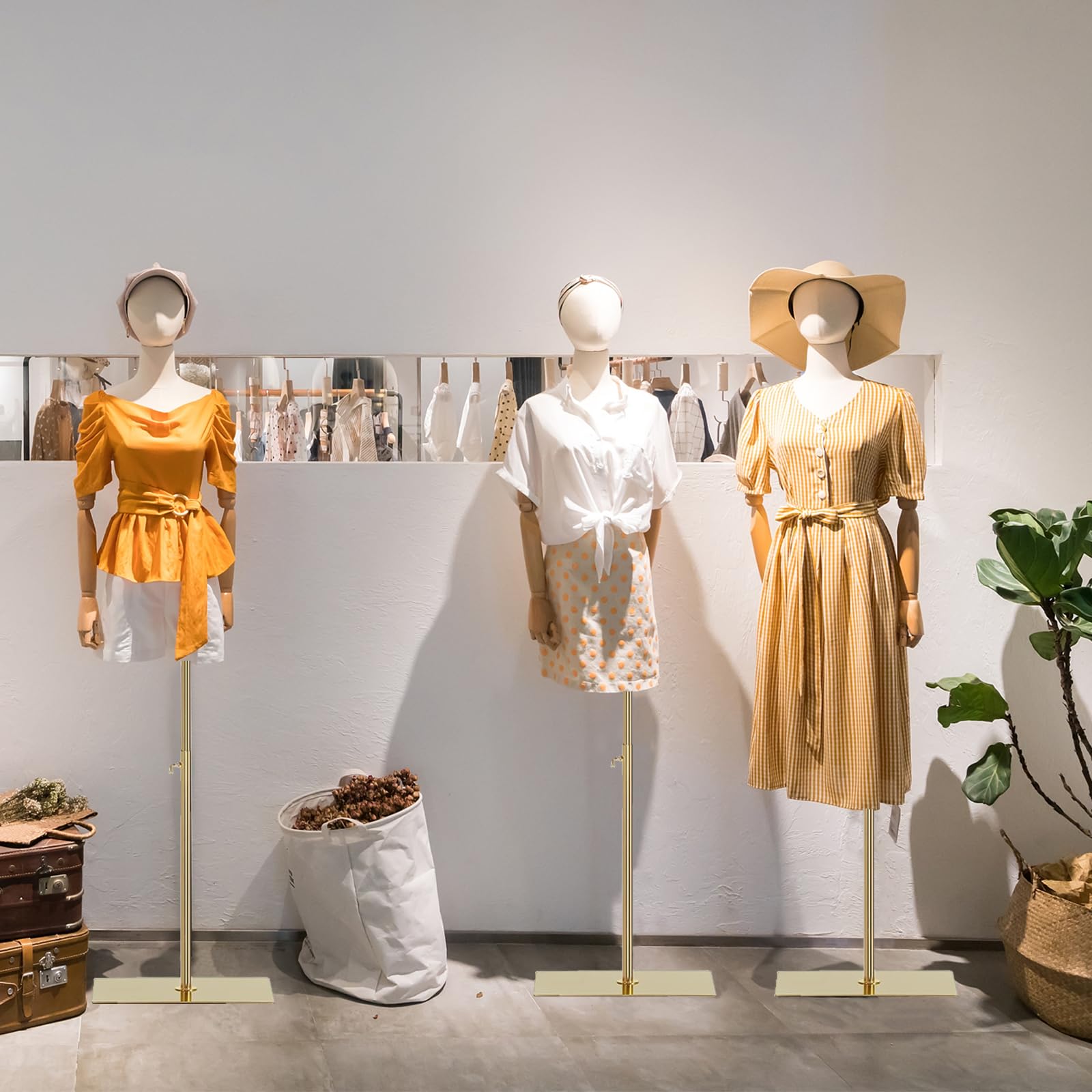 Manichino femminile a forma di busto, corpo manichino con testa staccabile, mani in legno e supporto regolabile in altezza dorato, per esposizione di gioielli, beige (oro)