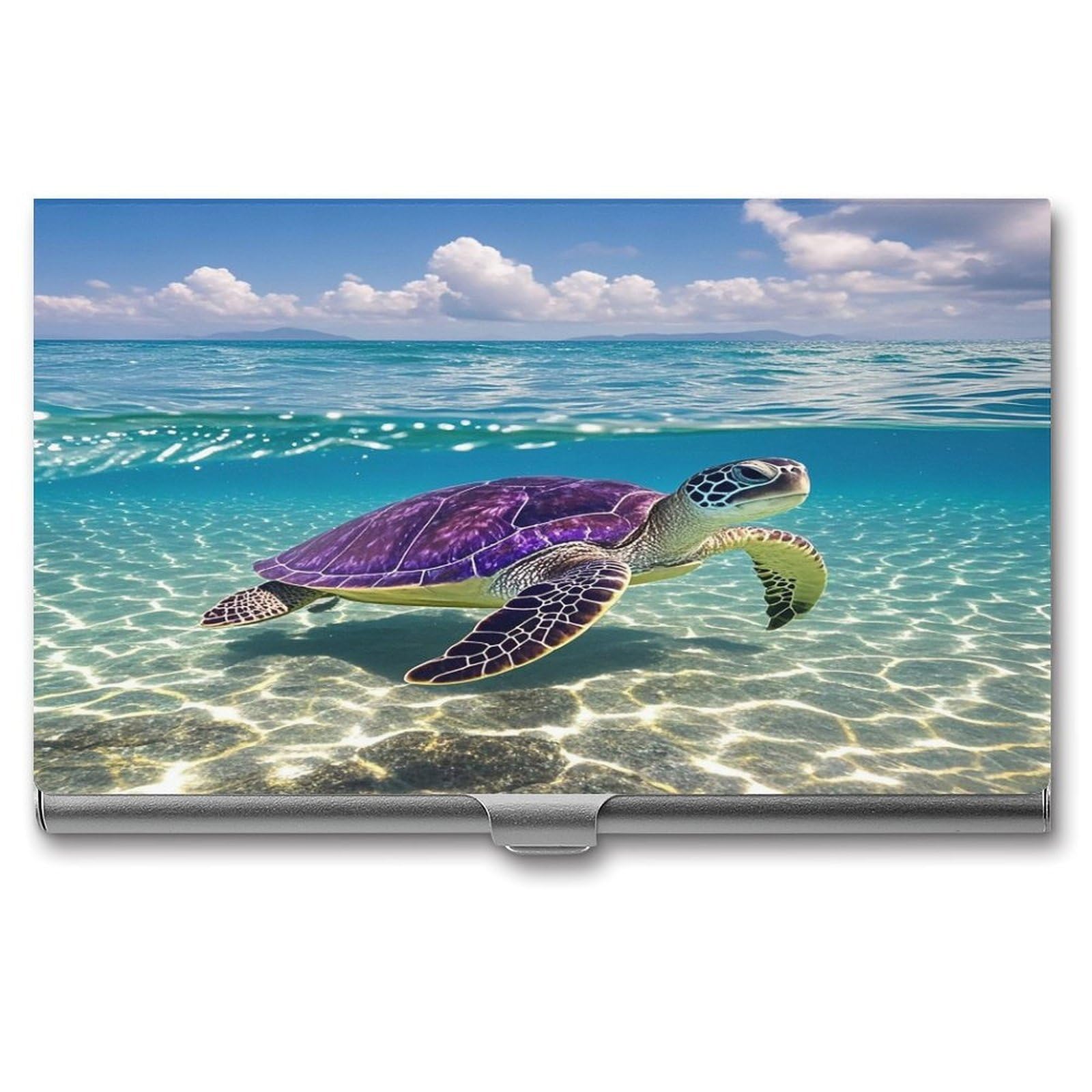 FekiLoot Hawaii with Purple Sea Turtle Business Card Holder Aluminum Alloy Business Card Case Convenient to Carry Business Card Dispenser for Men Women