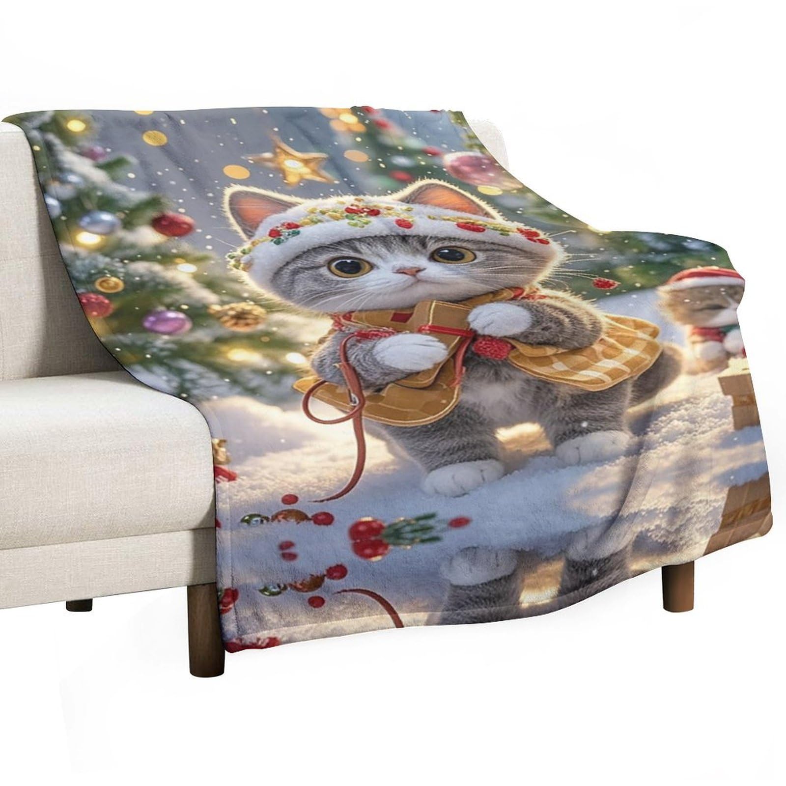 Couverture super douce en flanelle chat de Noël plaid peluche et chaud