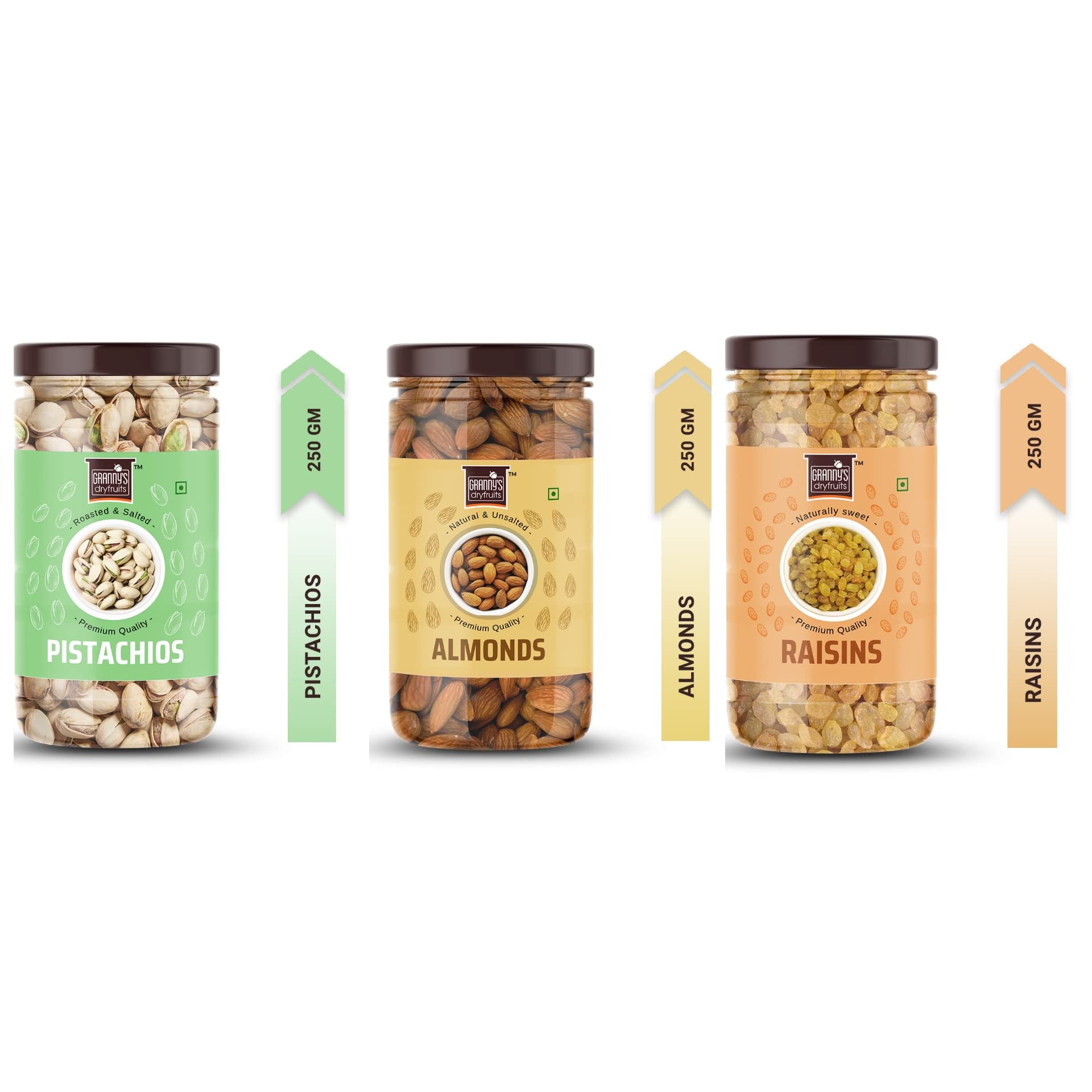 Granny's Dryfruits Pista Almond Raisins|Fresh And Healthy Premium Raw Nut|Raw Dry Fruits Combo Pack Jar Pack(250G X 3)750Gm|Value Pack