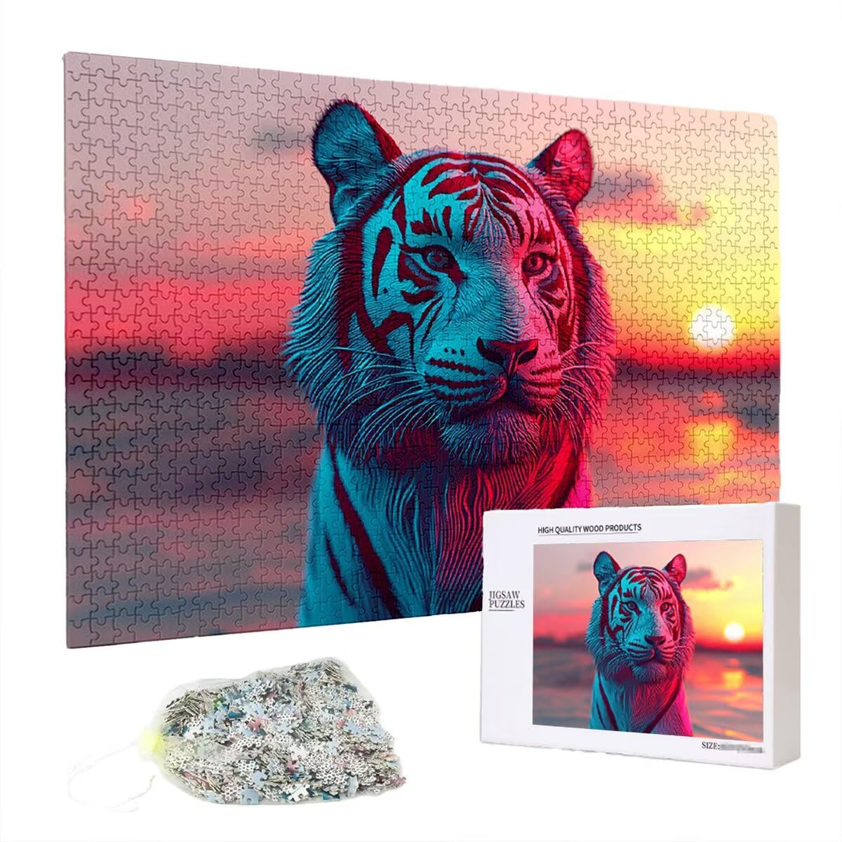 Puzzle 2000 elementów, tygrysy, zachód słońca, 2000 elementów, drewniane puzzle dla dorosłych, trudna łamigłówka, gra logiczna dla całej rodziny, drewniane puzzle, dekoracja salonu, prezenty, B-64