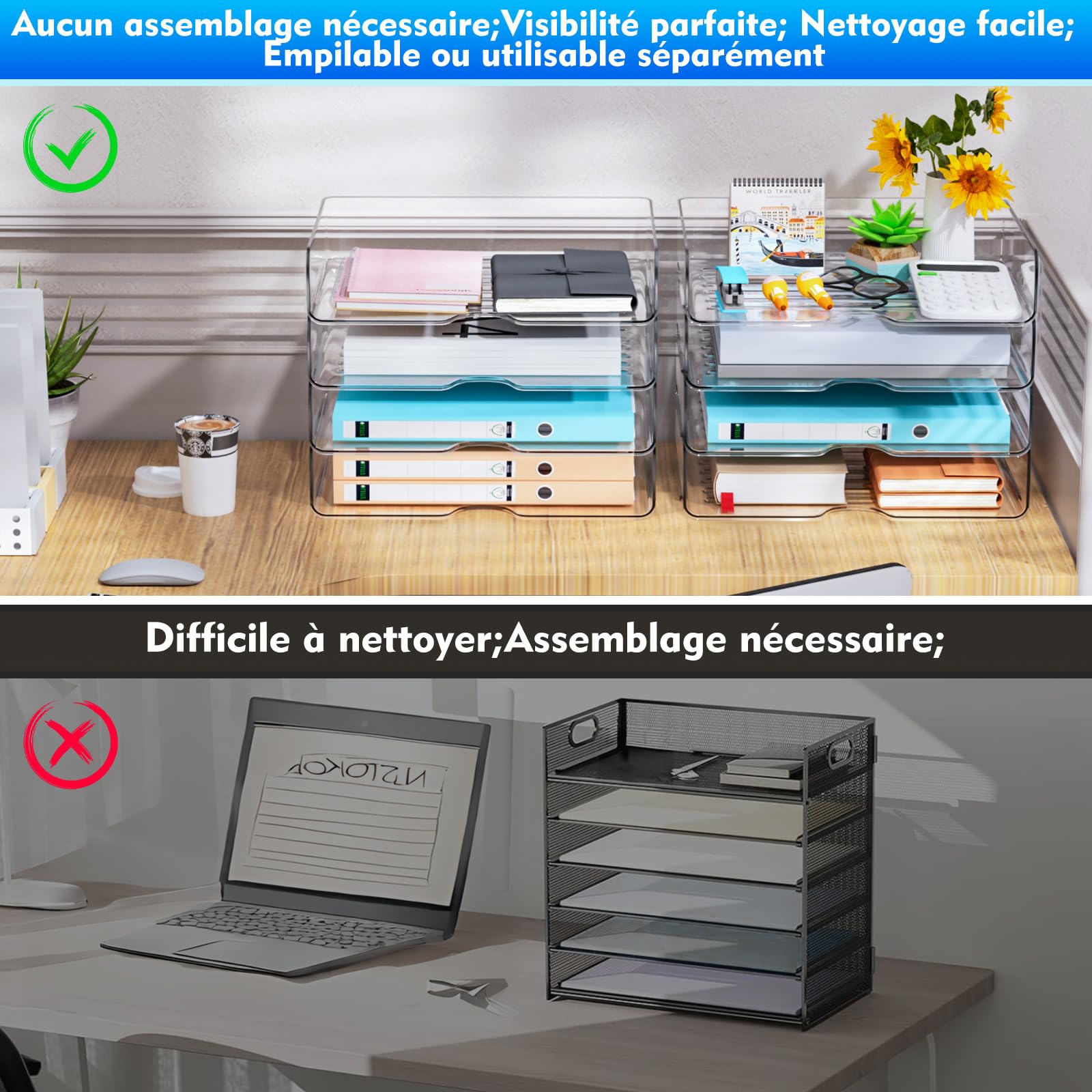 Lot de 4 corbeilles à courrier en Acrylique Transparent de qualité supérieure - Empilables - Compartiments de Rangement - Format A4