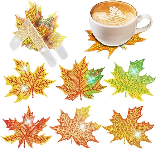 Kit de posavasos de pintura de diamantes con hojas de arce otoñales con soporte, 6 piezas de hojas de arce con purpurina para principiantes, niños,