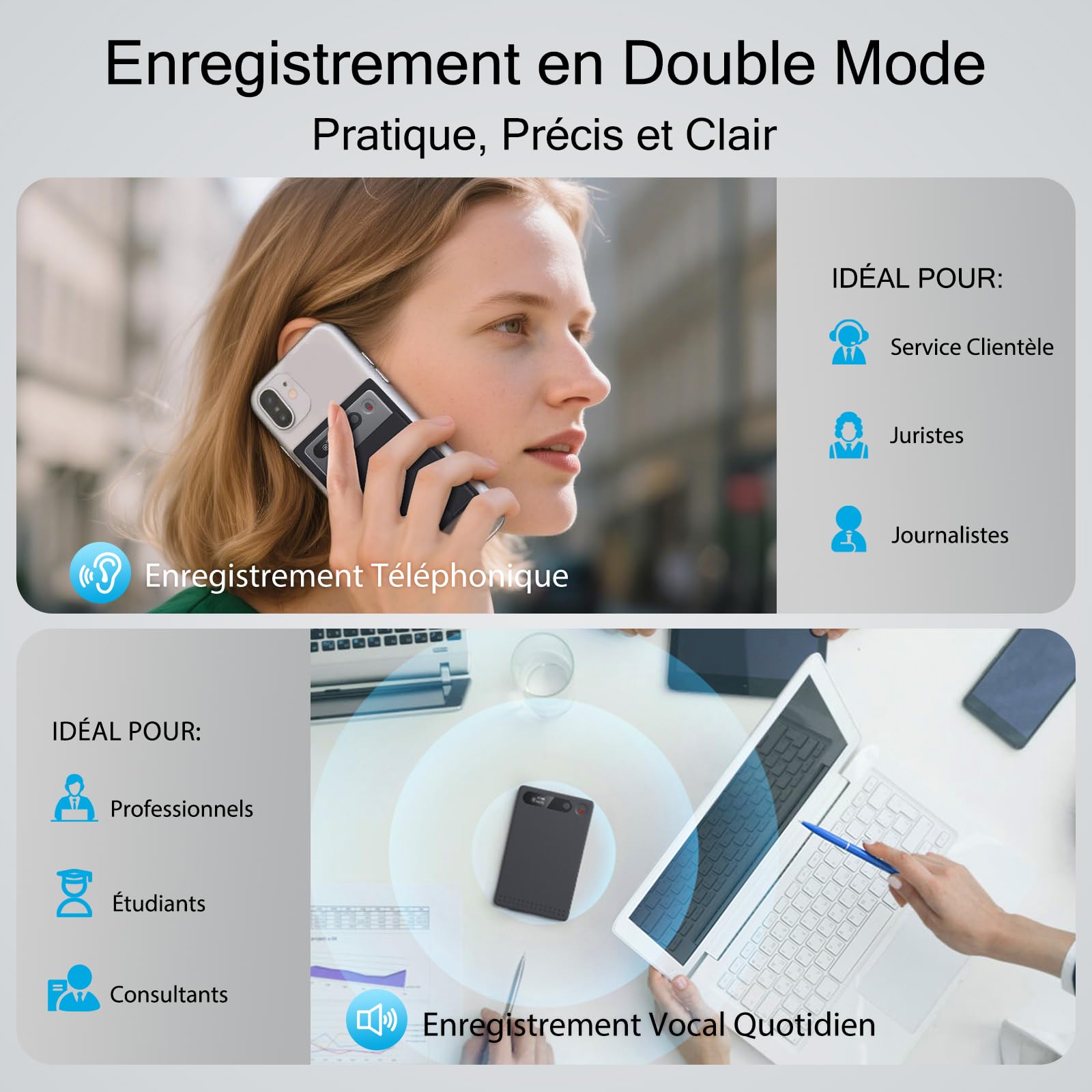 Enregistreur Vocal IA, 64 Go, Contrôle Via App, Transcription et Résumé par IA, 118 Langues, Ultra Fin et Léger, Dictaphone Enregistreur Vocal pour Réunions, Réunions, Cours, Appels