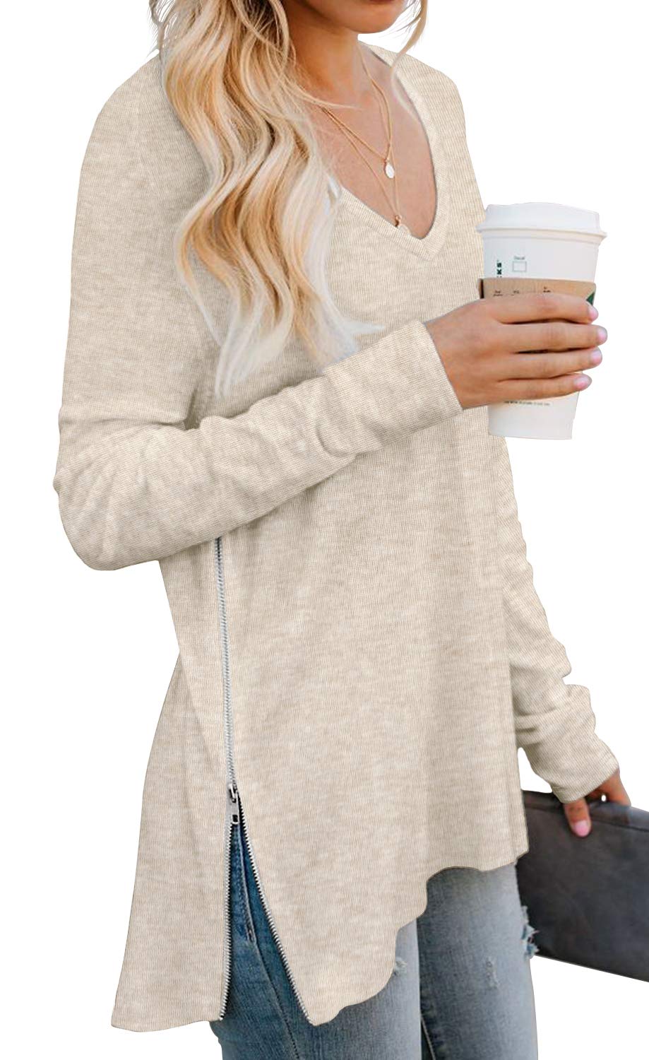 PrinStory Women's Long Sleeve Shirt Fall Tops Casual V Neck Side Split Shirt With Side Zipper