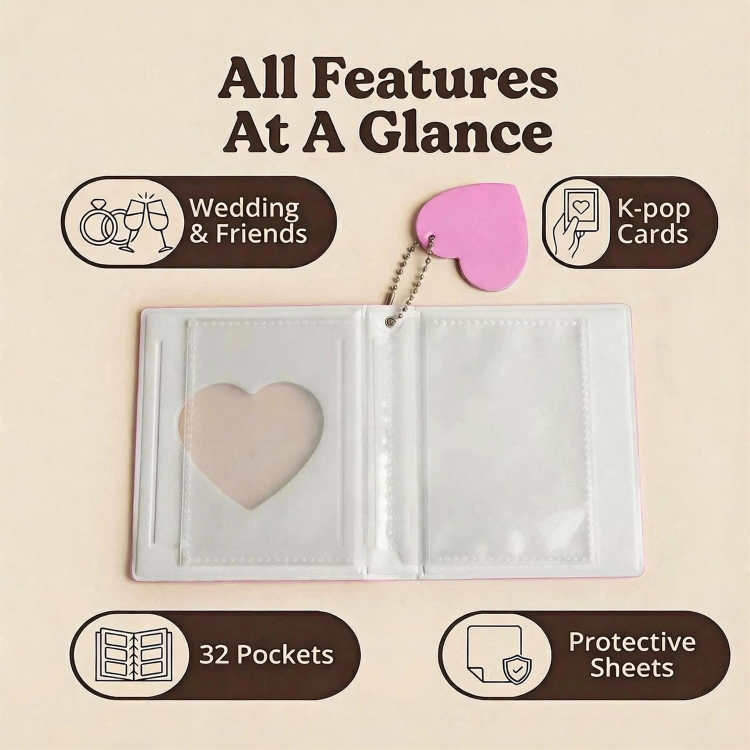 Mini 3-inch Heart Hollow Photocard Binder - 32 Pockets - Kpop Stars & Rustic Wedding Album(Pink)