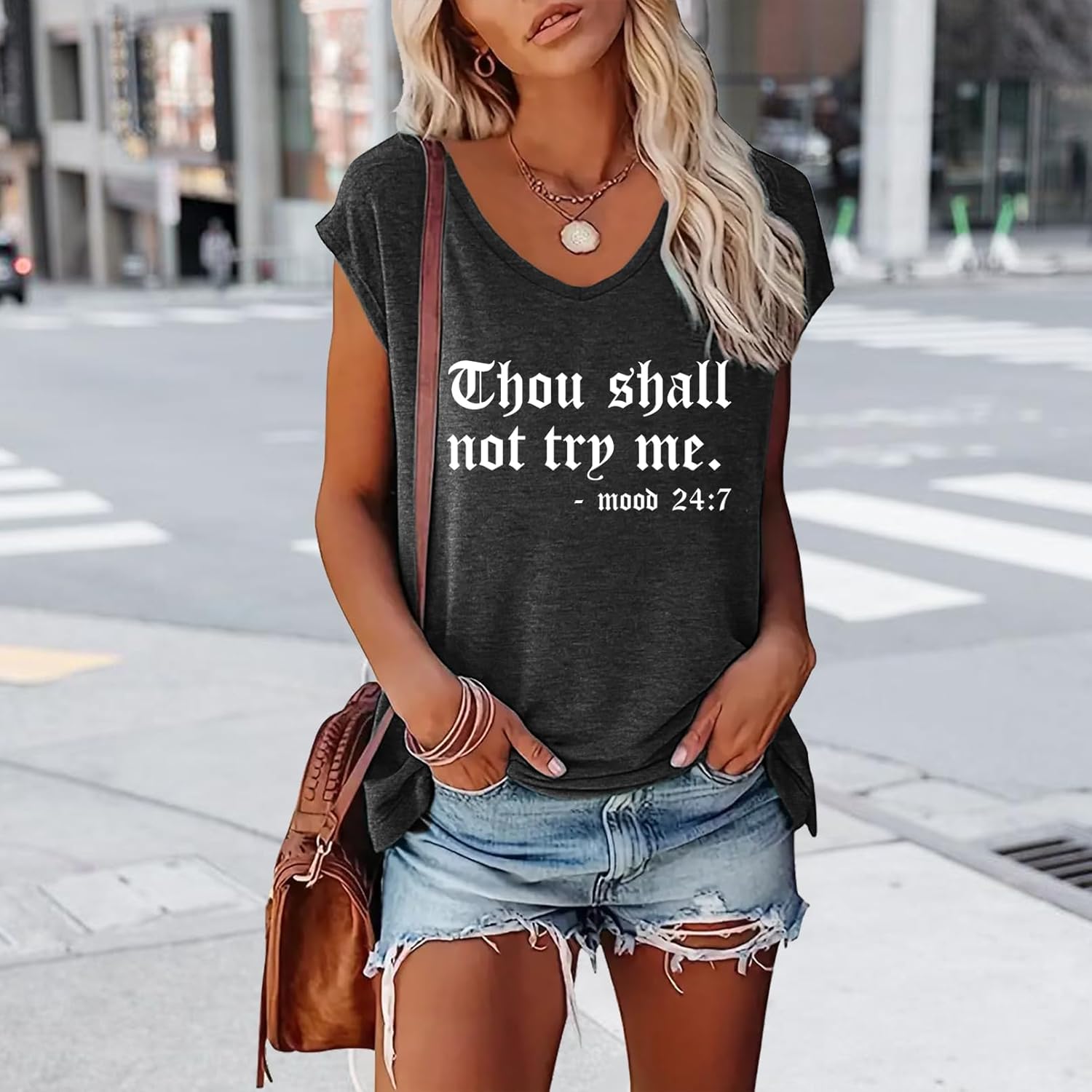 BLACKMYTH Women Funny Thou Shall Graphic V-Neck T-Shirts - Image 2