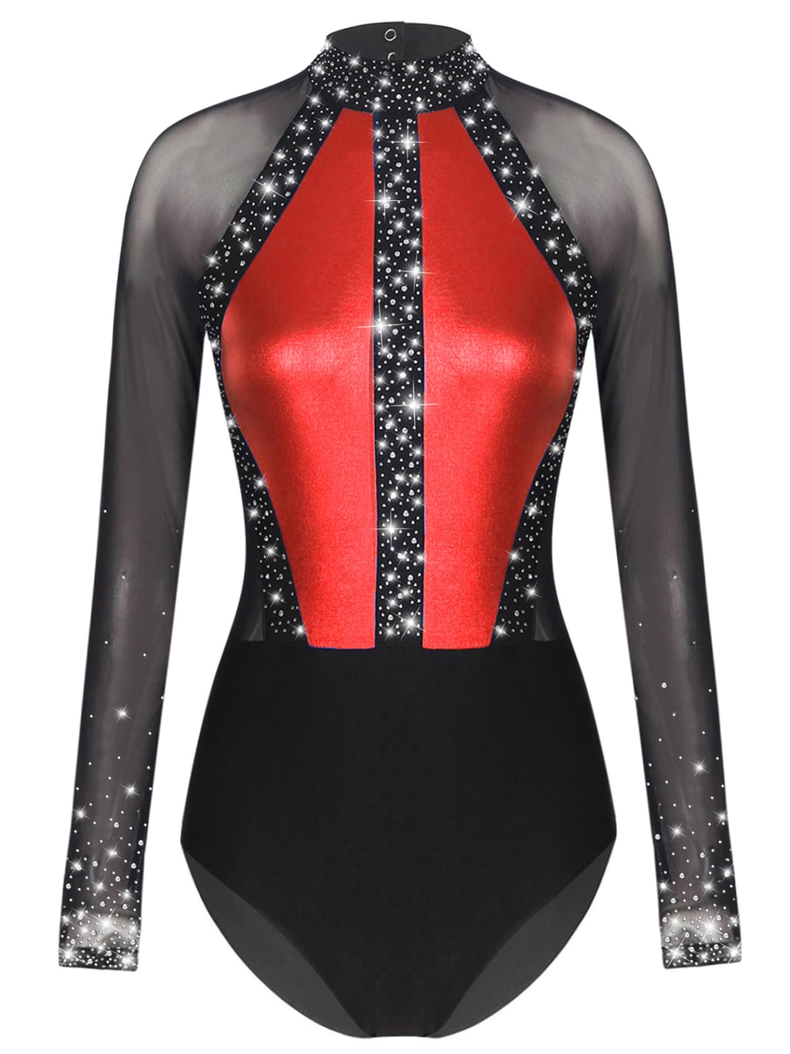 Sxiwei Gymnastikanzug Damen Langarm Glitzer Mesh Gymnastik Leotard Einteiliger Ballettbody Skating Tanz-Body Wettbewerb Tanzkostüm