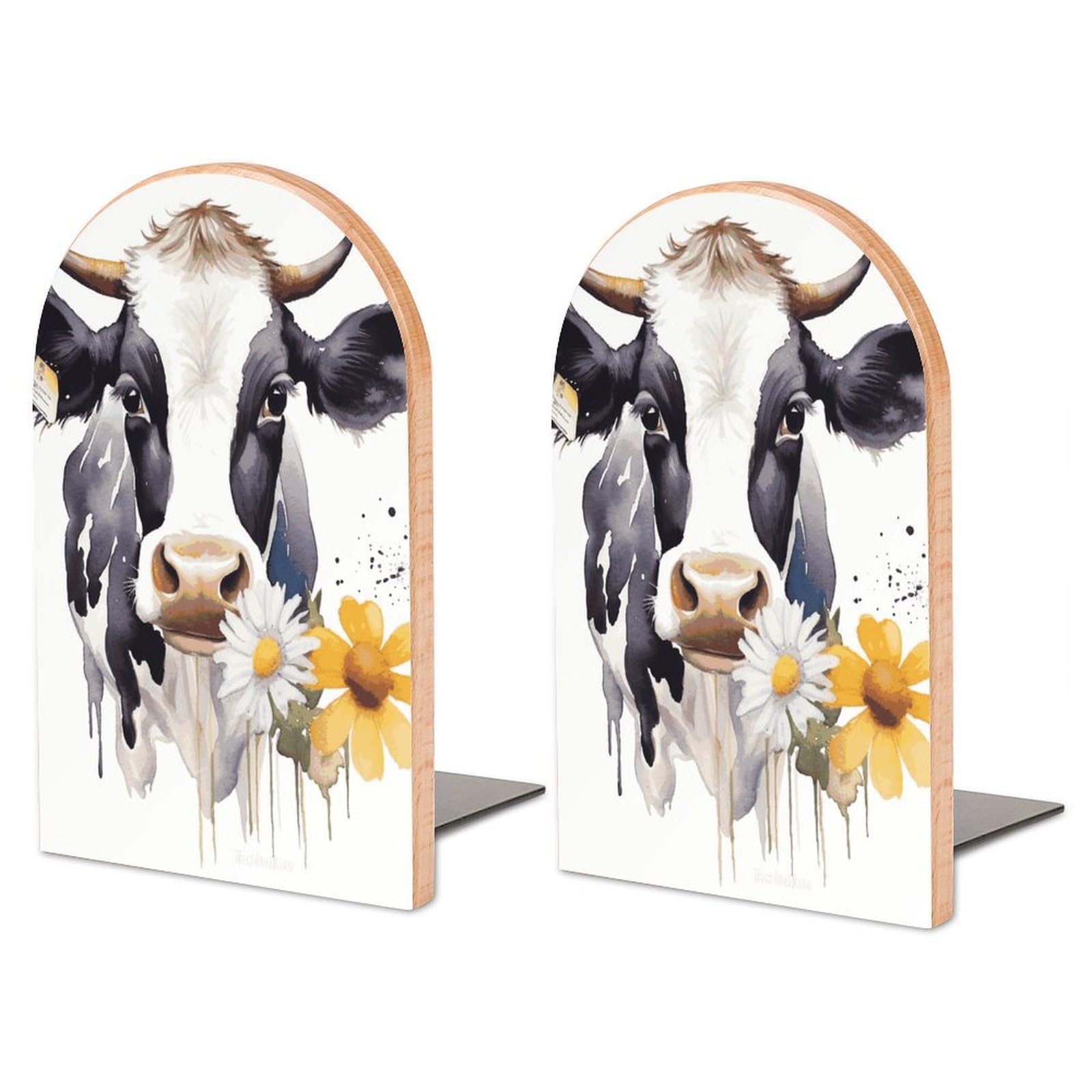 Serre-livres motif vache aquarelle pour décorer et ranger une bibliothèque de salon