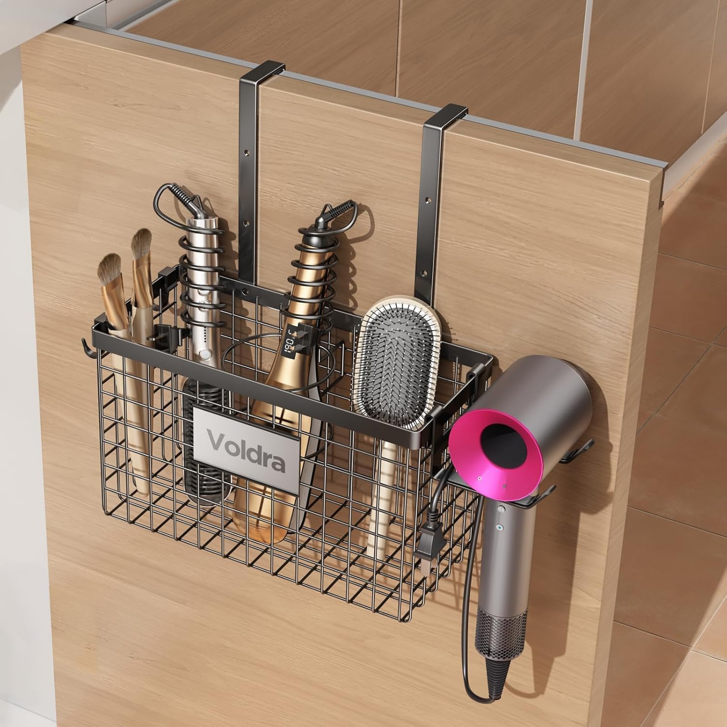 Voldra Hair Dryer Holder Cabinet Door, Adhesive Hair Tool Organizer Wall Mount Adjustable Height Blow Dryer Holder Under Sink/Countertop for Flat Curling Iron, Hair Brush and Straightener (1, Black) Black 1