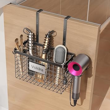 Voldra Hair Dryer Holder Cabinet Door, Adhesive Hair Tool Organizer Wall Mount Adjustable Height Blow Dryer Holder Under Sink/Countertop for Flat Curling Iron, Hair Brush and Straightener 1, Black