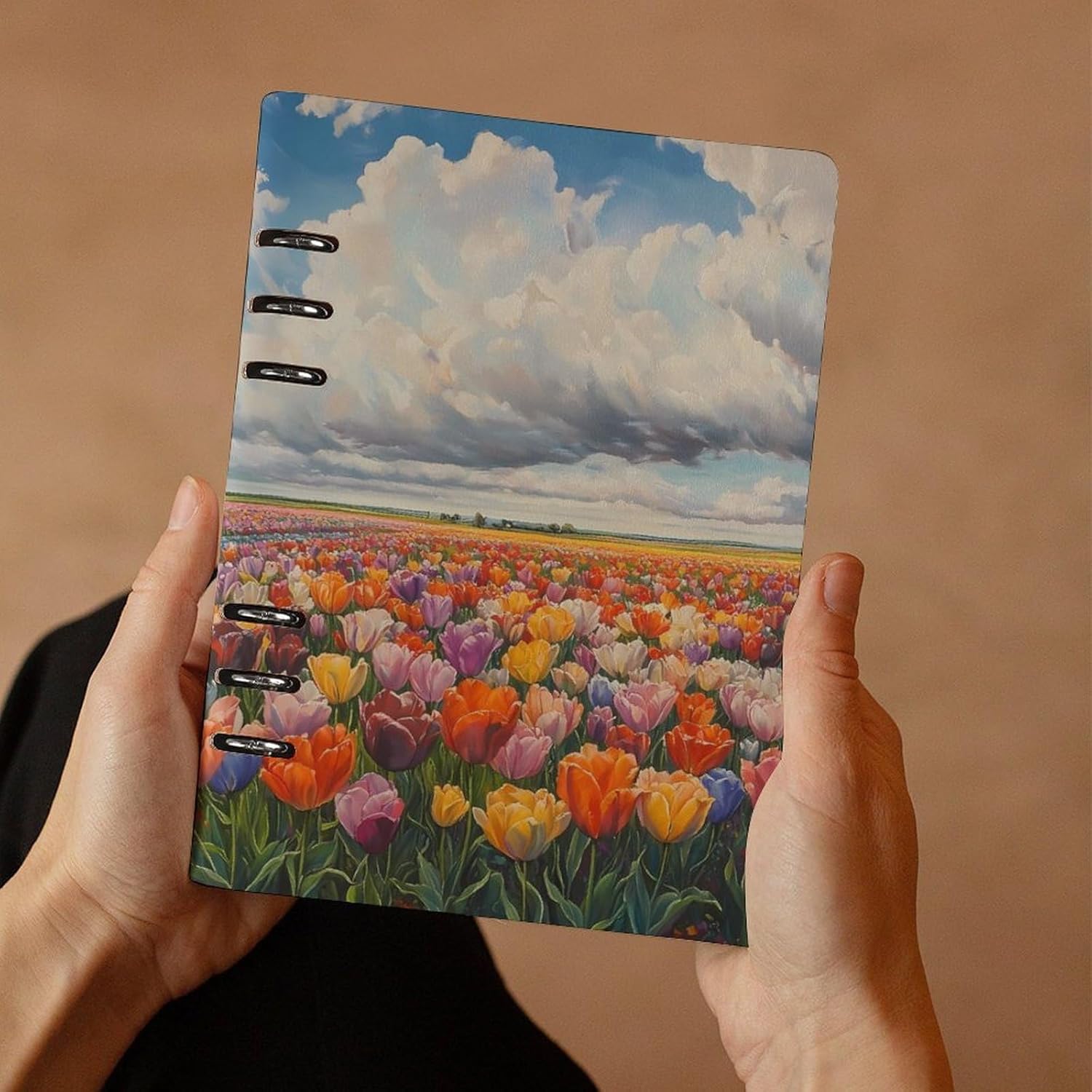 Bloom Tulip Fields Lined Spiral Journal Notebook 6 Ring Binder PU Cover Refillable for Work Note
